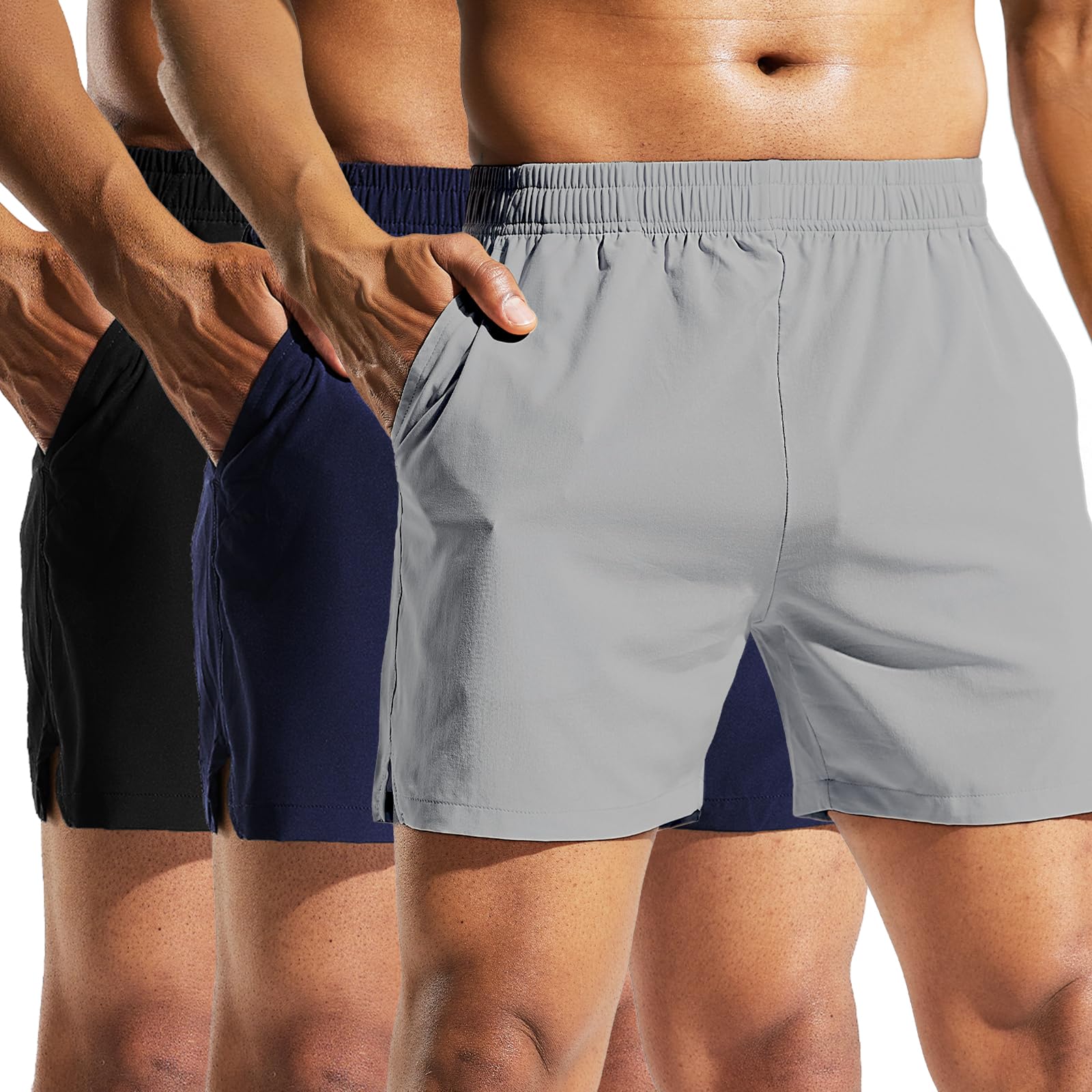 MIER Confezione da 3 pantaloncini sportivi da uomo, da corsa, 12,7 cm, ad asciugatura rapida, leggeri, per palestra, allenamento, allenamento, sport, con tasche