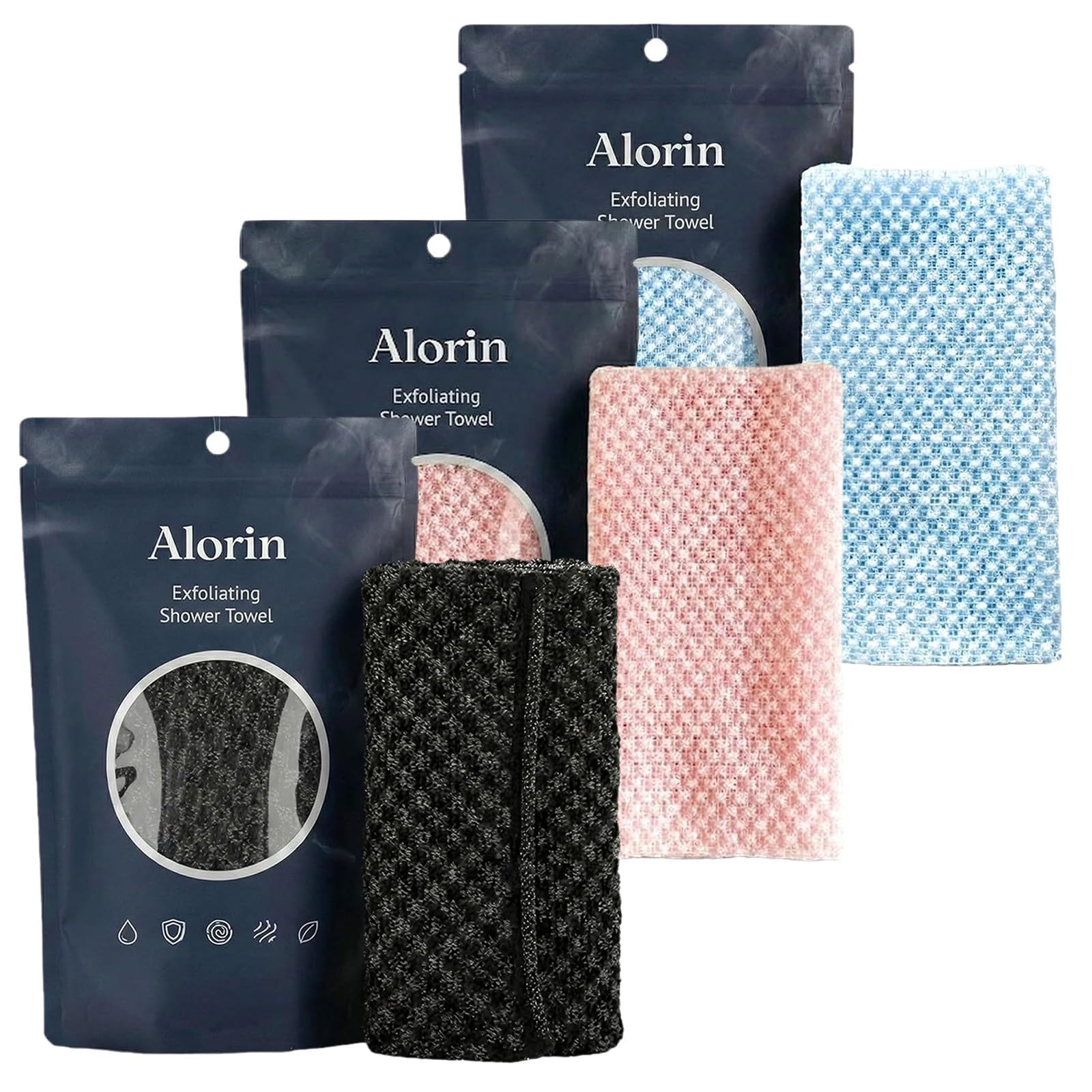 2026 Blissail Exfoliating Antibacterial Shower Towel -Skin Deep Exfoliating Towel, Extra Long Exfoliating Washcloth for Men Women,Exfoliating Body Scrubber for for Sensitive Skin & SPA (BK+PIN+BU)