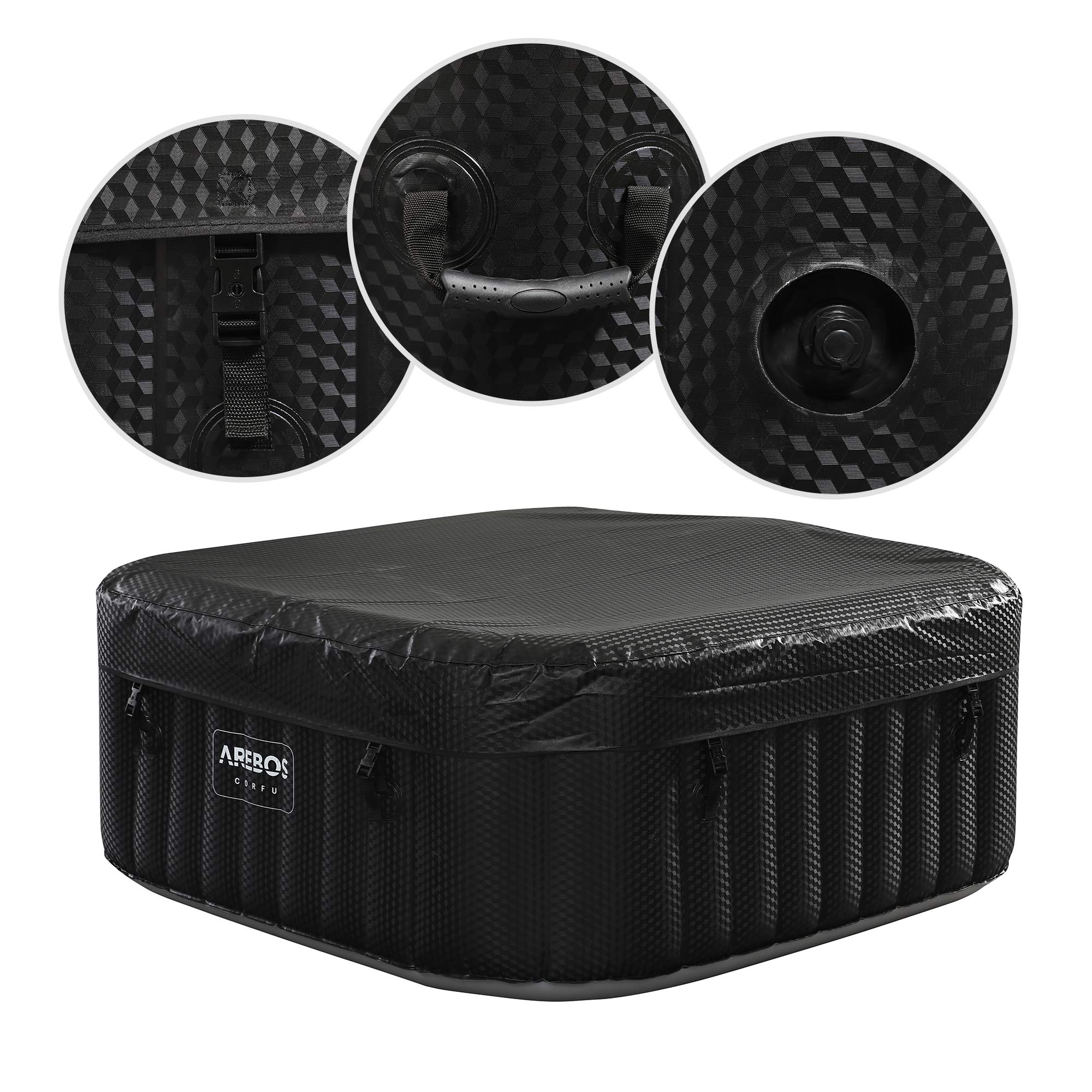 Arebos Whirlpool | 154 x 154 cm | mit LED-Beleuchtung | aufblasbar | quadratisch | In- & Outdoor | 4 Personen | 100 Massagedüsen | mit Heizung | 600 L | Inkl. Abdeckung | Bubble Spa & Wellness Massage
