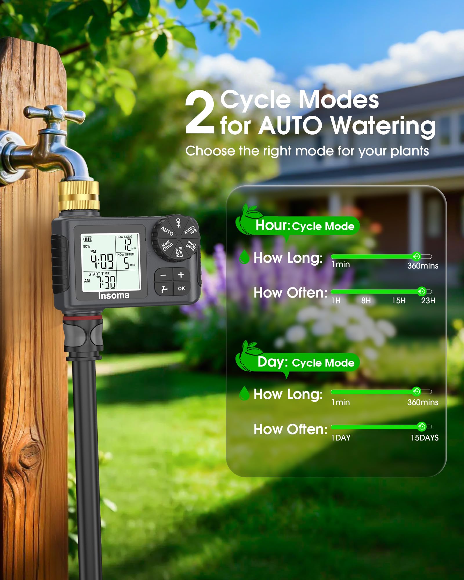 Timer irrigatore con ingresso e uscita in ottone, timer per acqua per tubo da giardino con modalità auto/manuale/ritardo pioggia, facile installazione timer per prato, giardino, irrigazione vacanze, 1