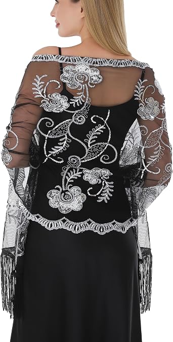 Women Shawls and Wraps For Evening Dresses, Sequin Floral Chiffon Evening Scarf Dressy Formal, Sheer with Fringe