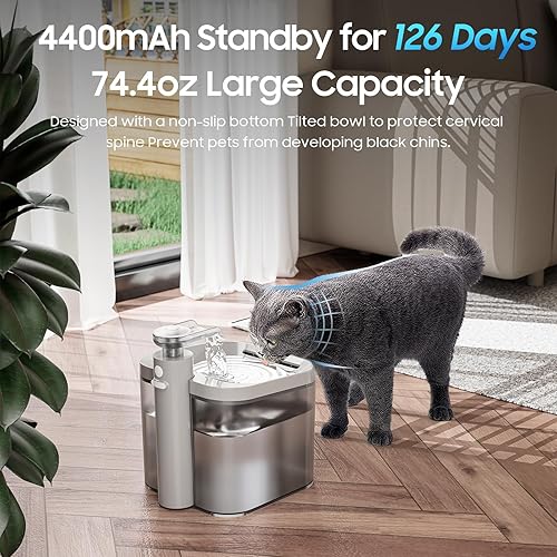 Miniatura 4 de Fuente de agua para gatos  Fuente de agua inalámbrica para mascotas de 74.4 oz2.2 L, funciona con pilas, para gatos en el interior con bomba ultra