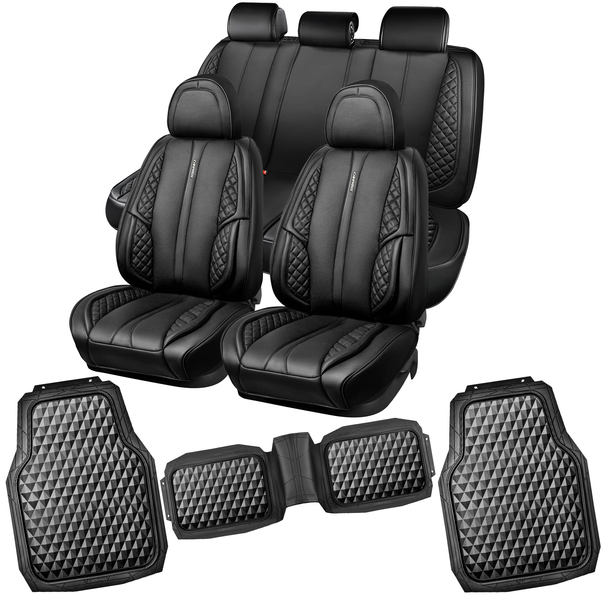 CAR PASS Nappa PU Leather Car Seat Covers Full Set and Heavy Duty Rubber  Car Mats, Deep Dish All-Weather Floor Mat for Cars