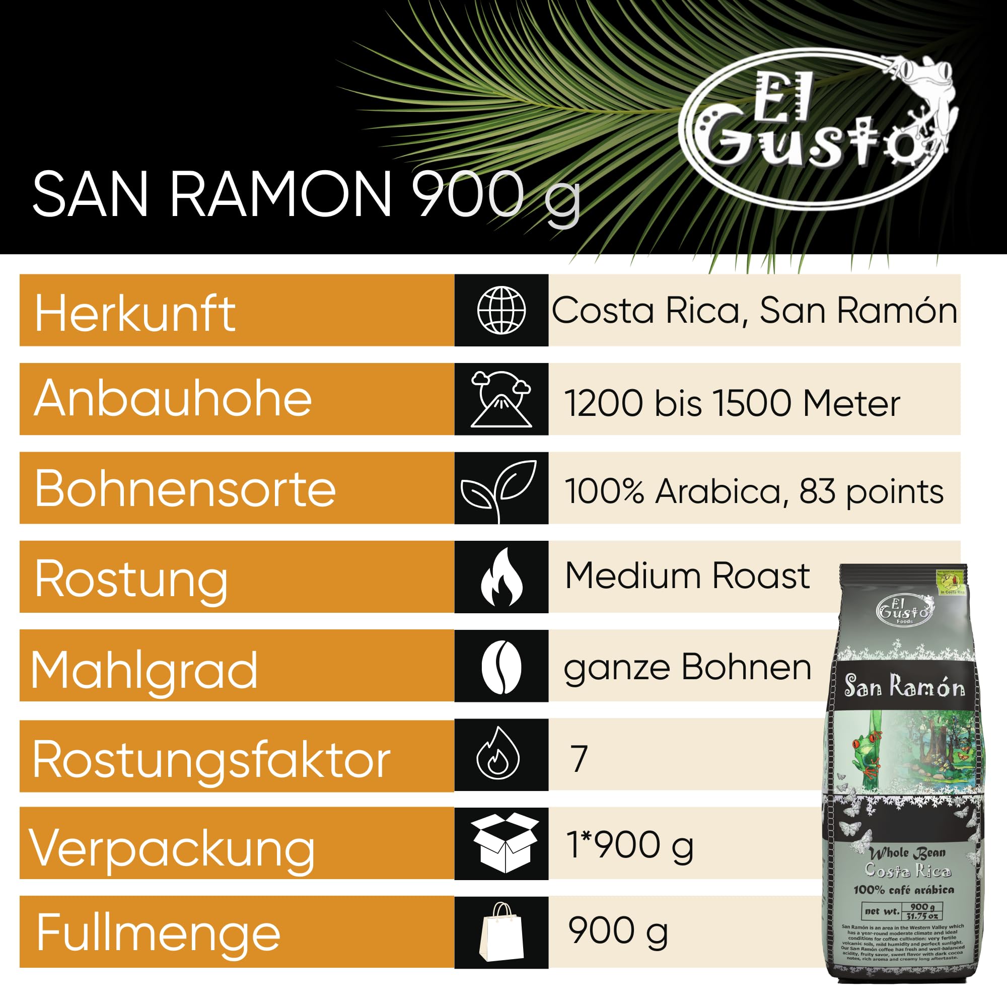 El Gusto San Ramon – 900g Caffè in Grani – Formato Scorta – Aroma Esotico e Fruttato – 100% Arabica Costa Rica – Note di Lulo e Lime