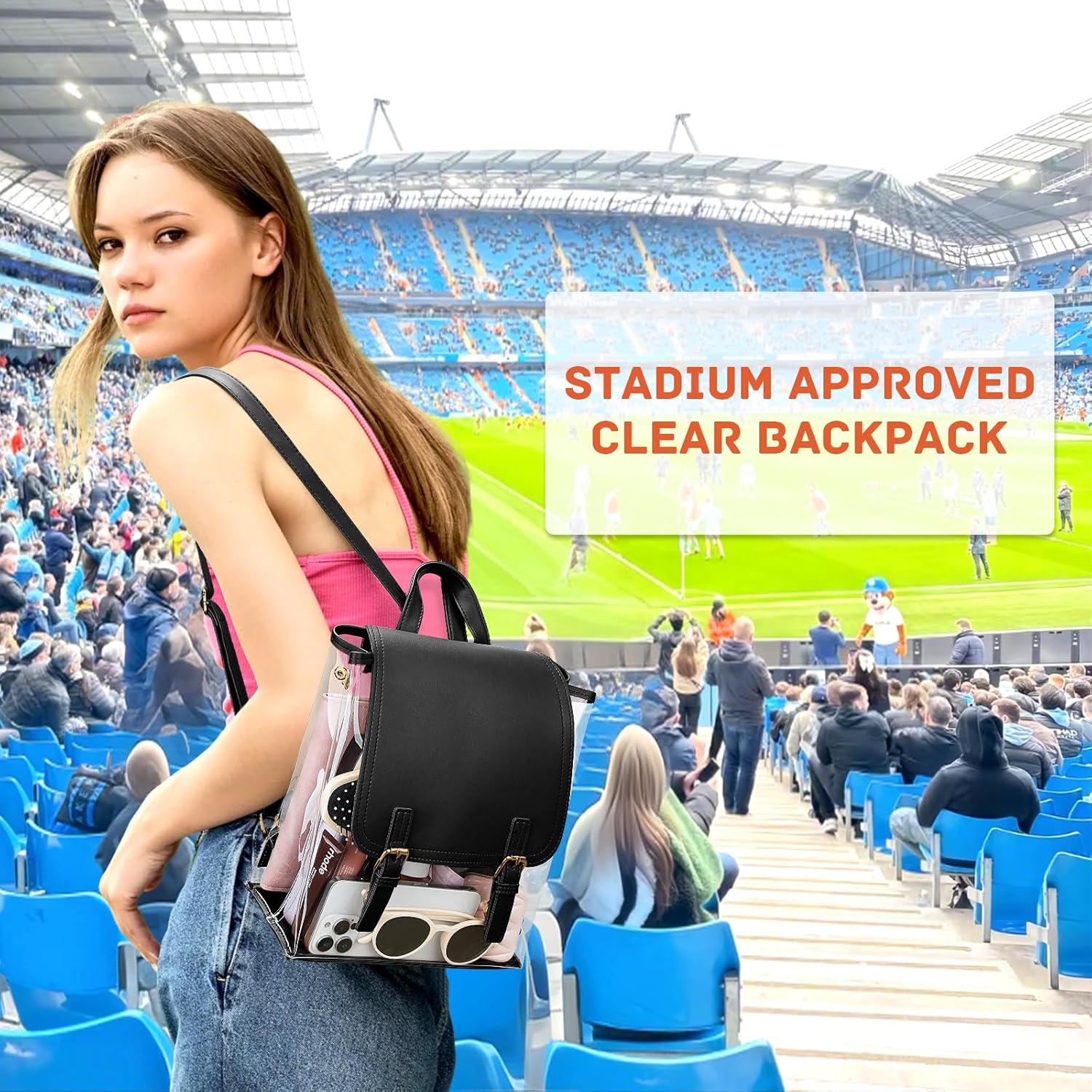 KKXIU Girls Clear Backpack Stadium Approved Transparent PVC Women Clear Bookbag with Leather for Sports Event, Concert (Black) - Image 2