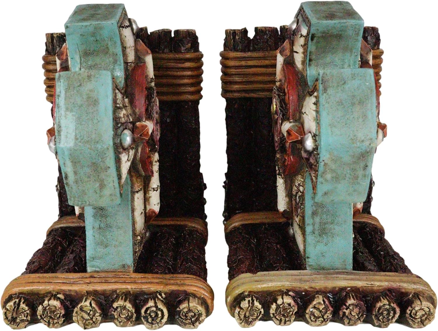 Ebros Gift Rustic Western Turquoise Birchwood Birch Tree Cross with Lone Star and Circle of Enlightenment Decorative Bookends Figurine Set Country Faux Wooden Accent Sculptures
