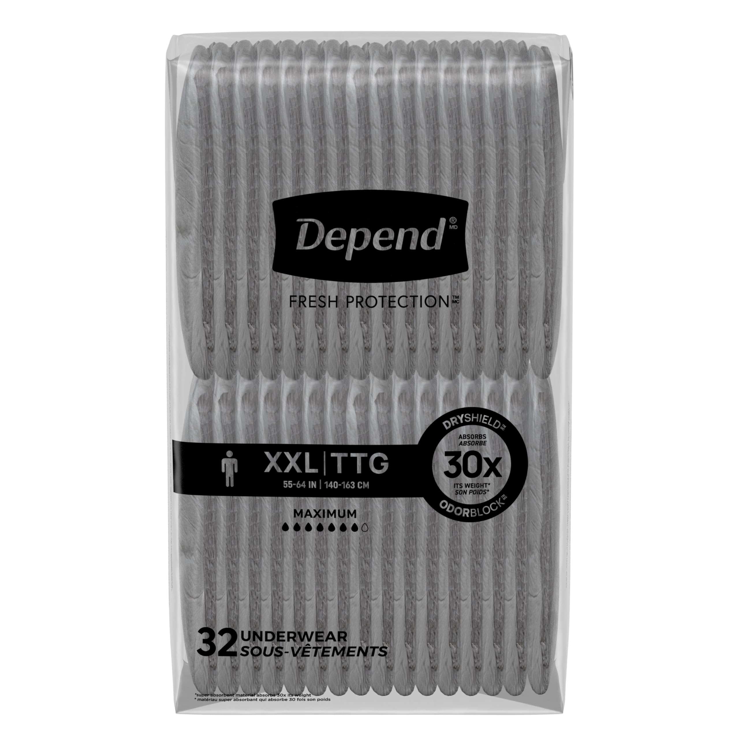 Depend Fresh Protection Adult Incontinence Underwear for Men, Disposable, Maximum, Extra-Extra-Large, Grey, 44 Count