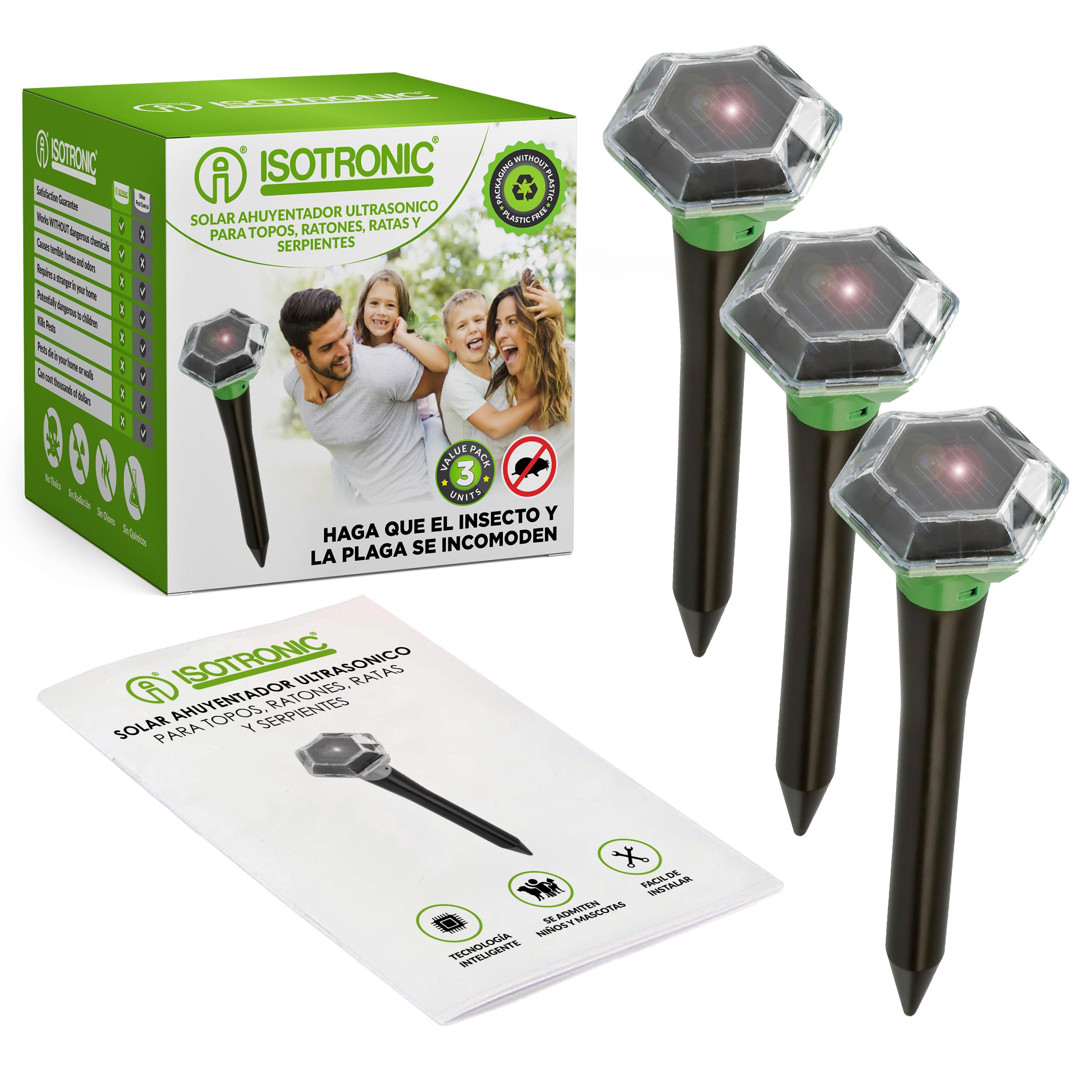 ISOTRONIC Repelente para Topos, topillos y Serpientes: Repelente Solar con estaca para jardín con Alcance Efectivo de 1000 m² (3 Unidades).