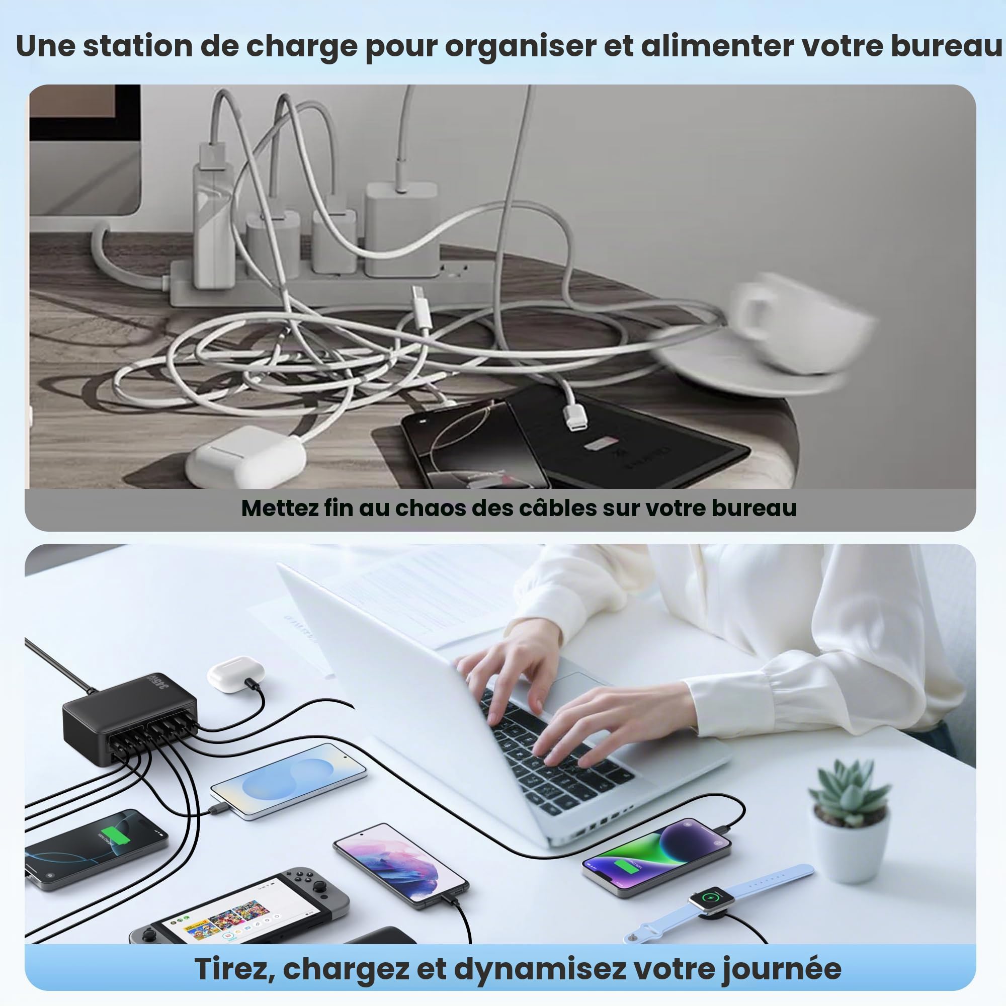 345W Chargeur USB C Multiple avec Câble Rétractable, 10-en-1 GaN VI Tech Prise USB, PD/PPS/QC Chargeur Rapide Multiple Station de Charge pour MacBook Pro/Air, iPhone, i Pad, Sam Sung Tablette etc.