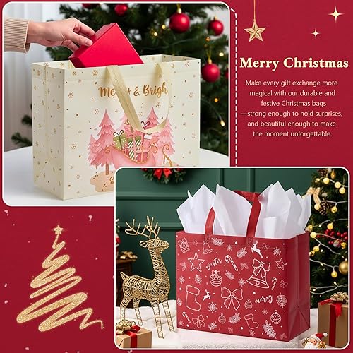 Miniatura 5 de YANGTE Bolsas grandes de regalo de Navidad de 13 pulgadas, paquete de 2 con papel de seda y tarjetas de felicitación, bolsas de Navidad