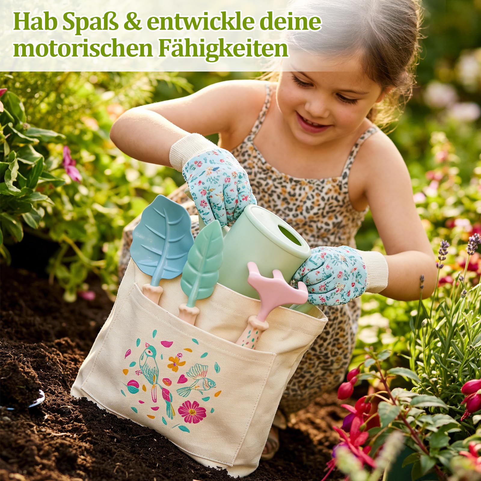 FITNATE Kinder Gartenarbeit Set,6 PCS Gartenwerkzeug Kinder Mit 3 Gartengeräte, Gartenhandschuhe & Aufbewahrungstasche, Out/Indoor Spielzeug Geschenk für Jungen Mädchen