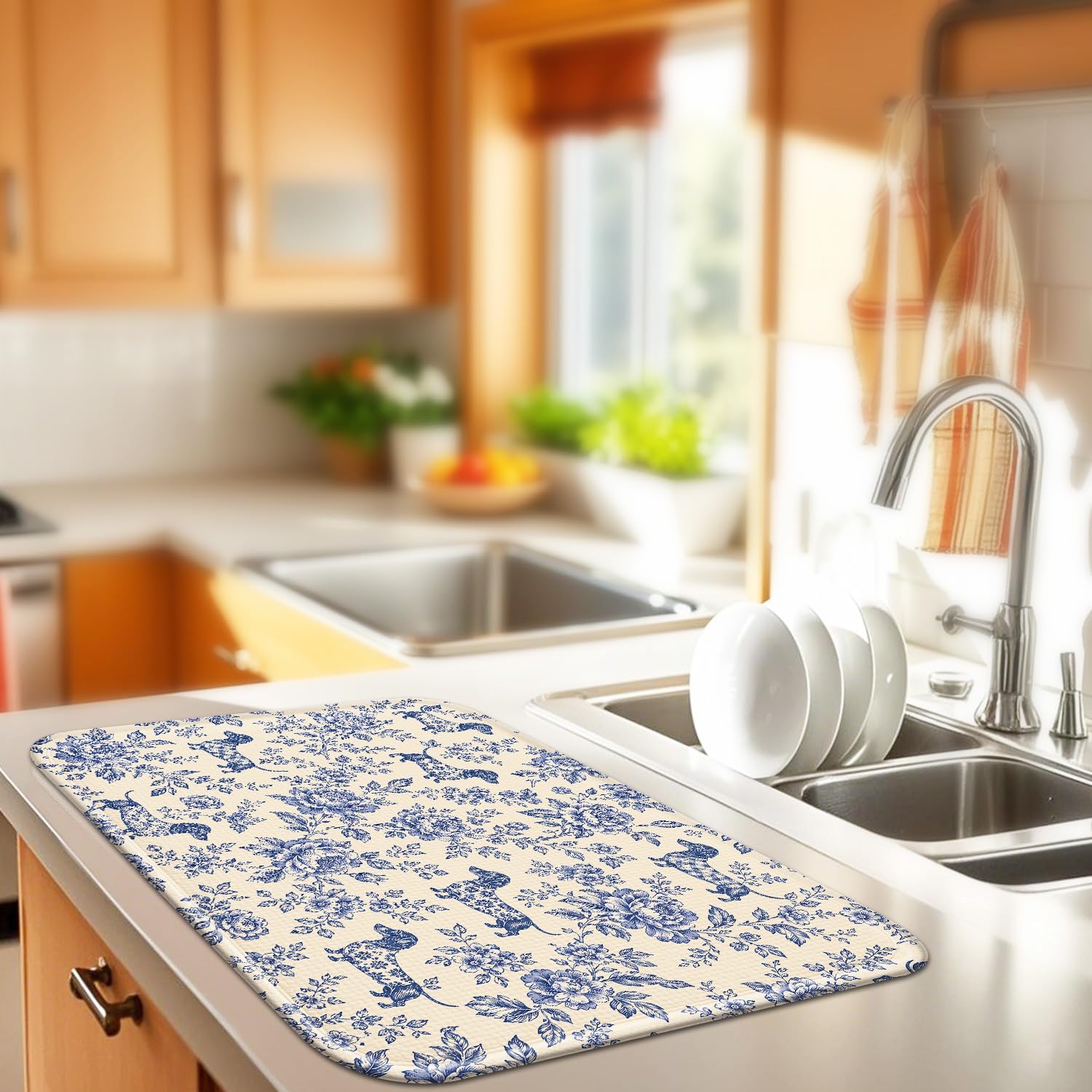 Dachshund Vintage Floral Counter Dish Drying Mat, 16x18, Blue White