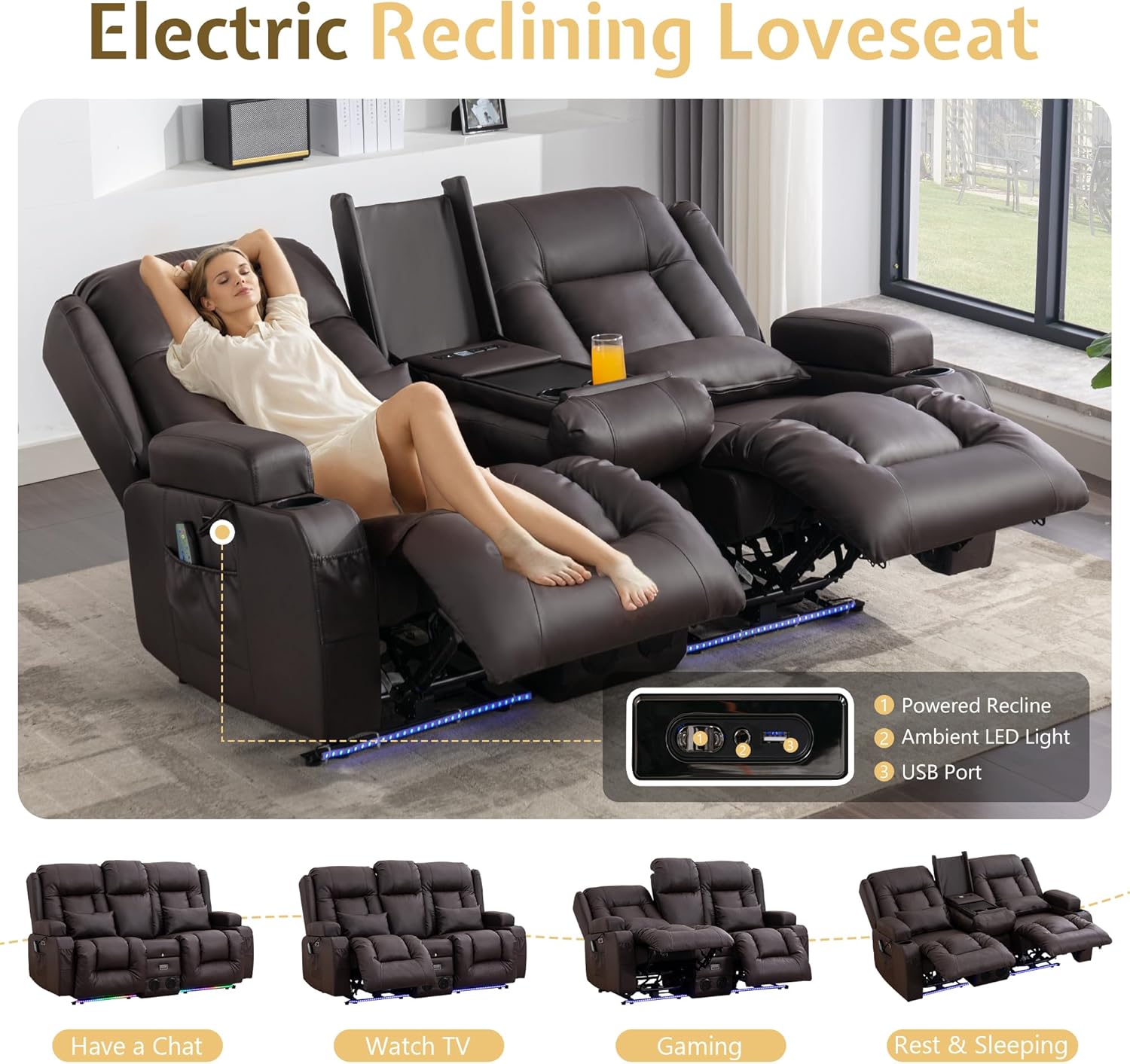 URRED Power Reclining Loveseat Sofa with Console, RV Couch Loveseat Recliner Sofa with Massage & Heat, LED Light, Cupholders, Bluetooth Speakers, USB Charge Ports, Outlets, Faux Leather, Dark Brown