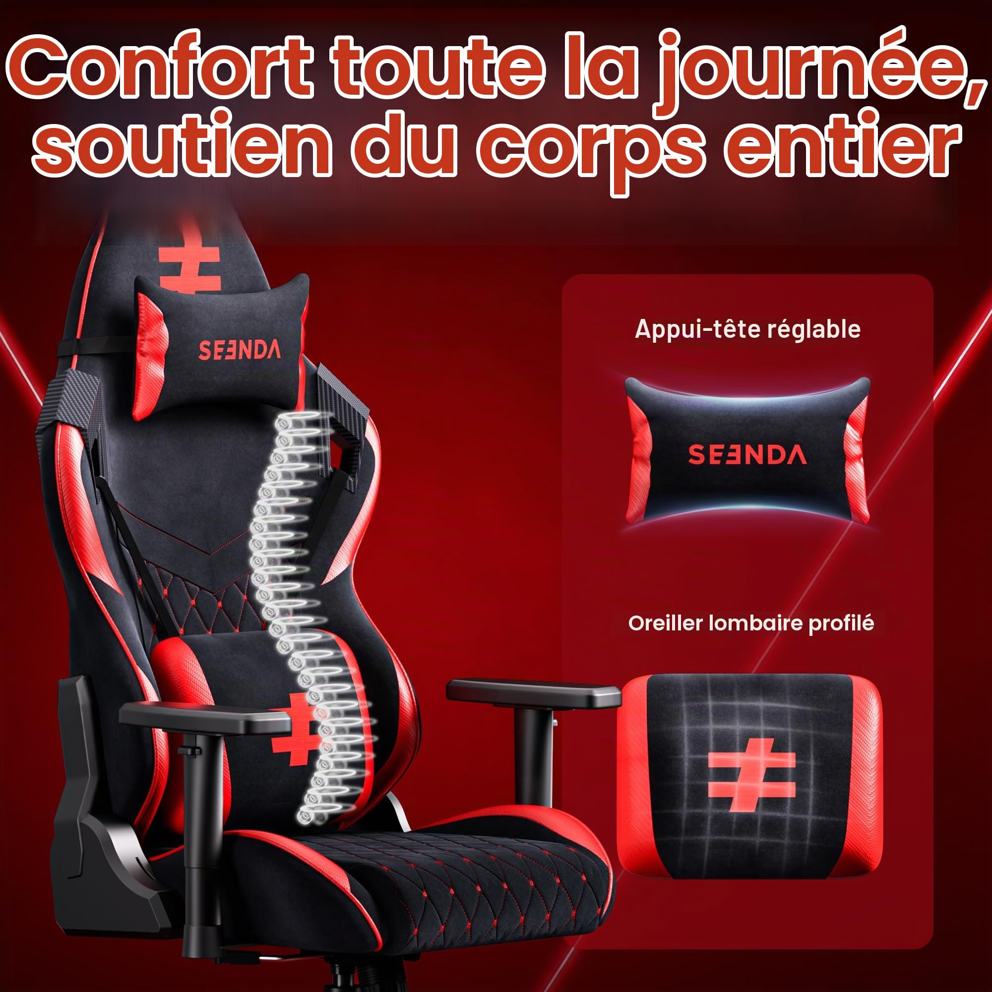 seenda GCPro-20 Chaise Gaming Ergonomique, Fauteuil de Bureau Gaming, Dossier Inclinable 145°, Réglable avec Appui-Tête & Coussin Lombaire, Charge 181 kg, Noir et Rouge