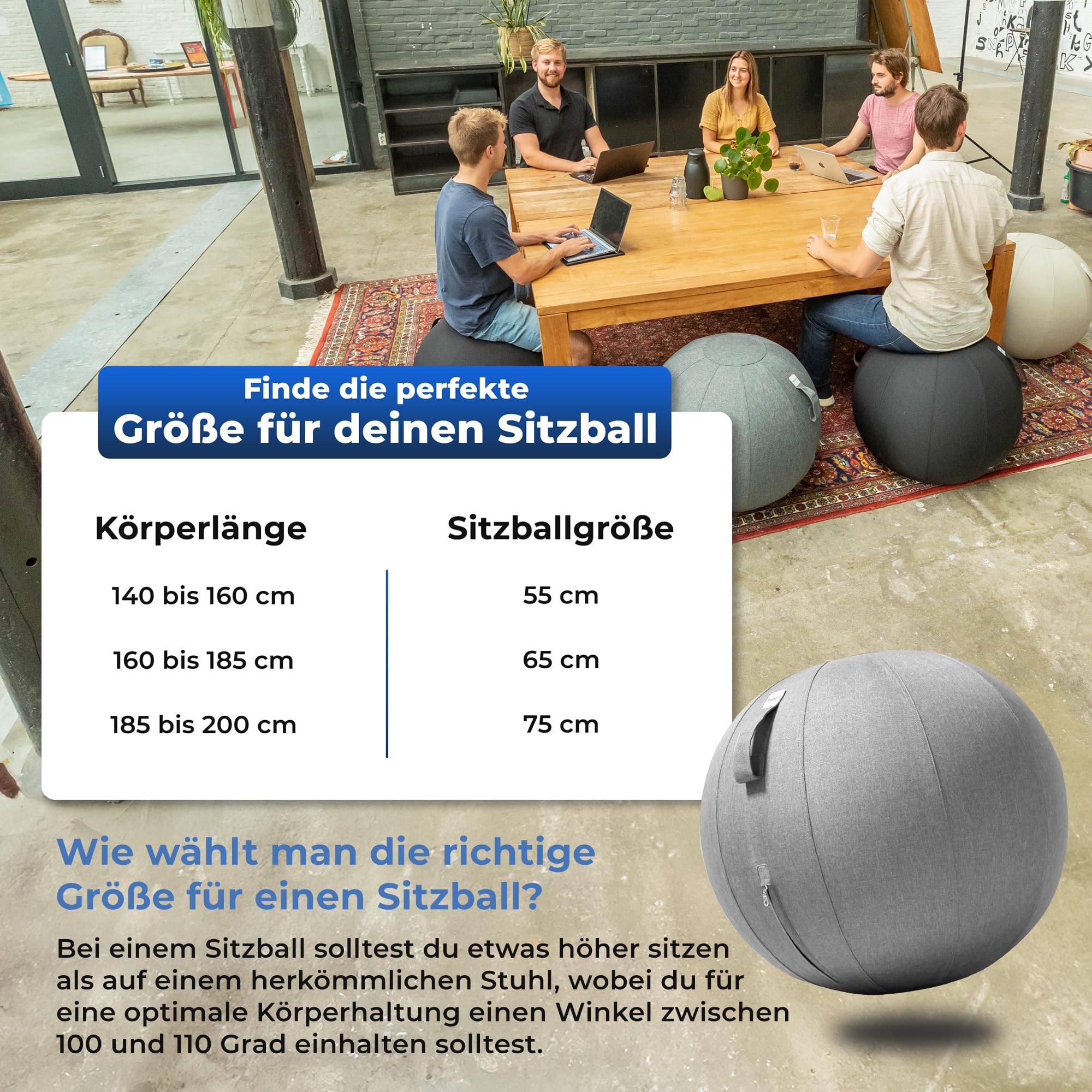 Backerz Sitzball Büro Ergonomisch 75 cm, Ergonomische Sitzmöbel für Büro und Heimbüro, Langlebiger Stoff, Gymnastikball - Fitness-Ball, Ballstuhl mit Ballauflage - Waschbarer Leinenbezug - Hellgrau