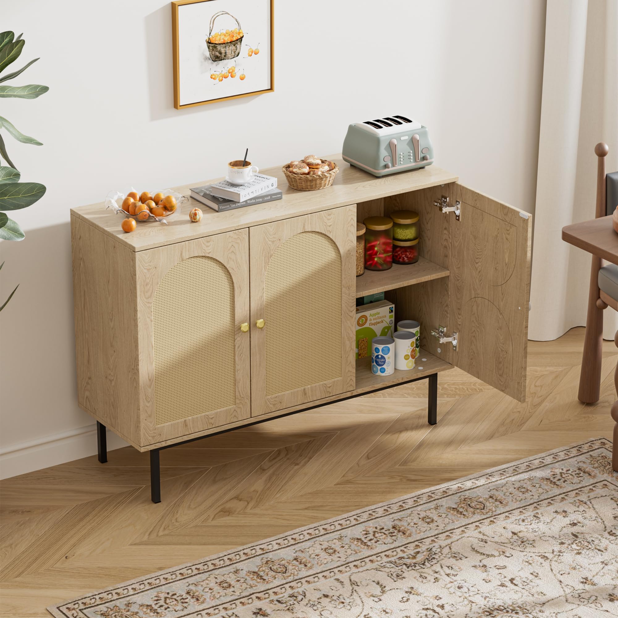 BonVache Buffet en rotin, Armoire de Cuisine avec 3 Portes, Commode avec étagères réglables, Buffet de Salle à Manger, Armoire de Rangement pour Cuisine, Salle à Manger, Salon