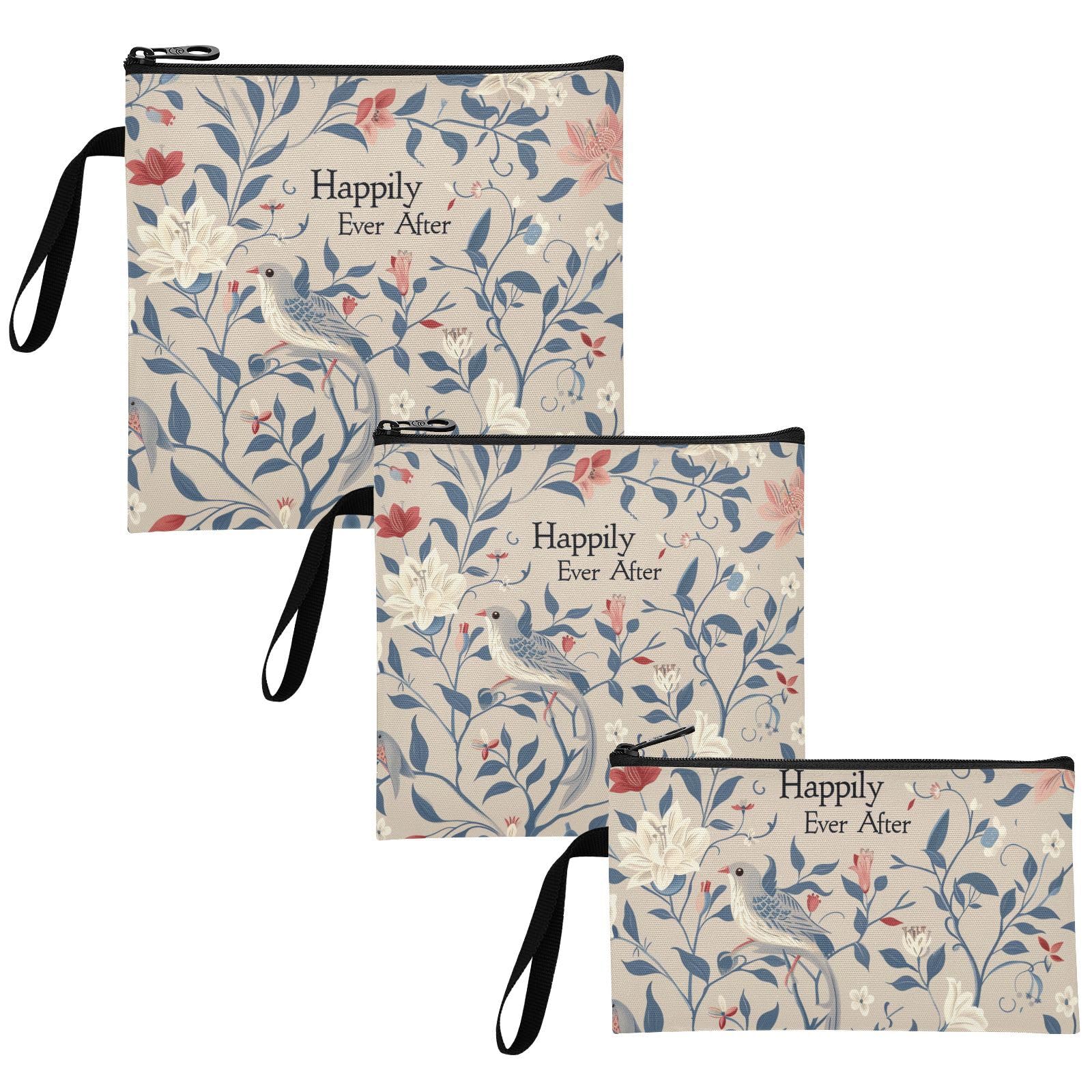 Yoogain William Morris Style Happily Ever After Taupe 3-Pack Reusable Zipper Snack Bags Portable Food Storage for Women Girls Trip