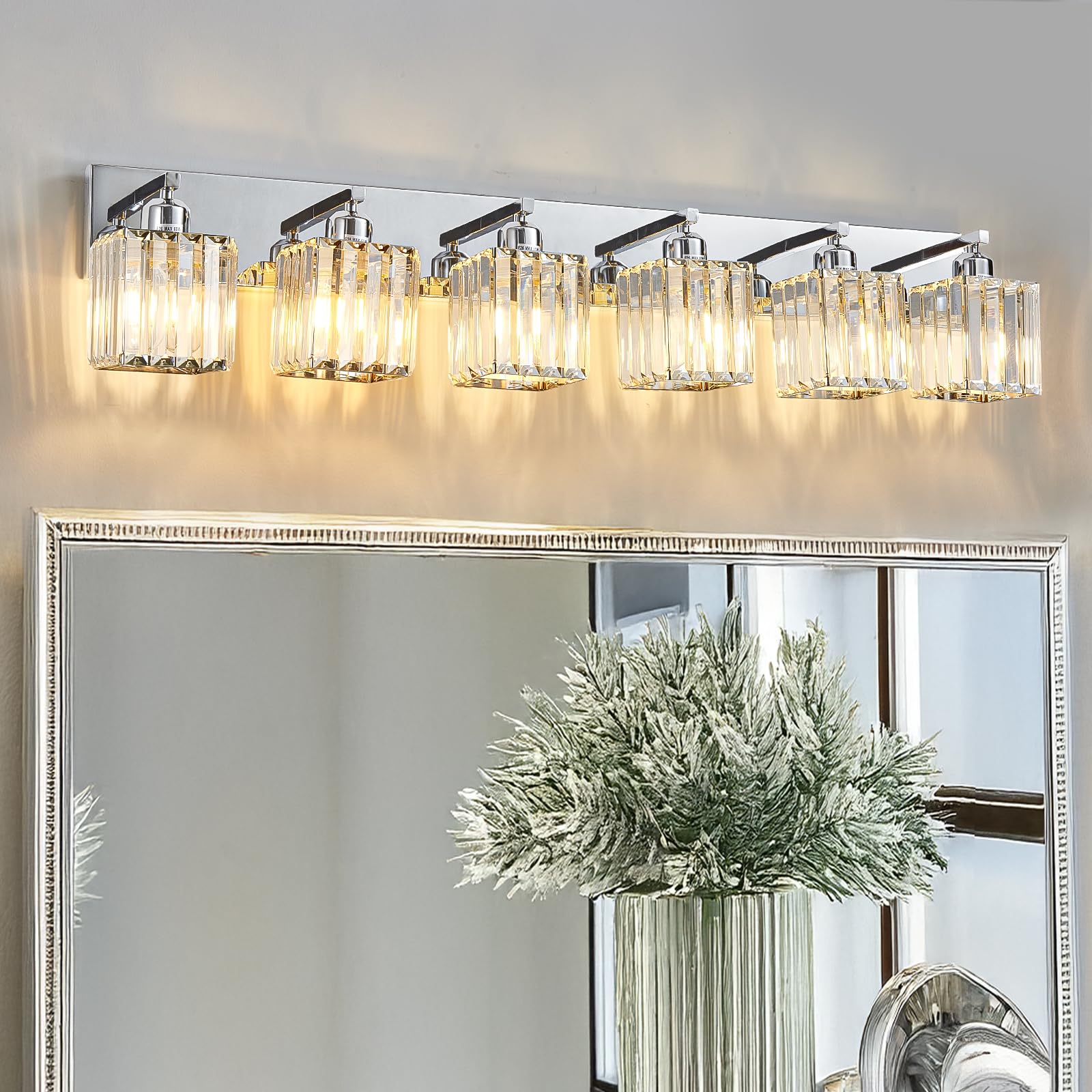 Aixialin Modern Bathroom Vanity Light 6-Lights Modern Chrome Crystal Bathroom Wall Light Large Vanity Light Fixtures Over Mirror