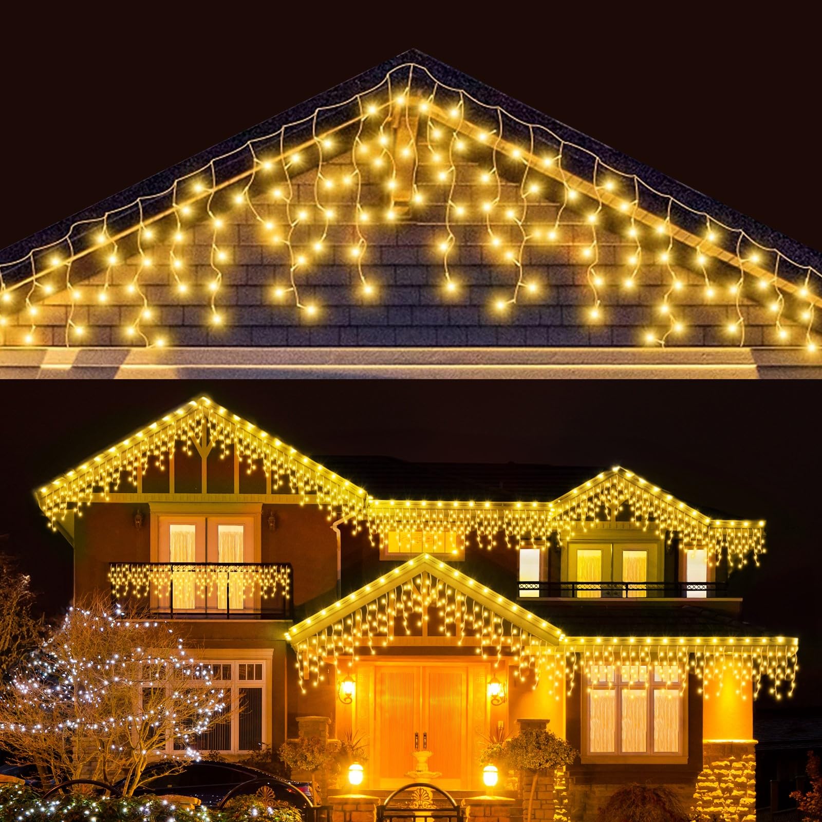 Ledya Warm White 17M 480Leds Icicle Outdoor Christmas Lights, 55Ft/17M 480 Led Warm White Fairy Lights, Mains Powered Outside & Indoor Decorations Icicle Lights With 8 Modes For Window, Roof, Garden, Wall, Gazebo