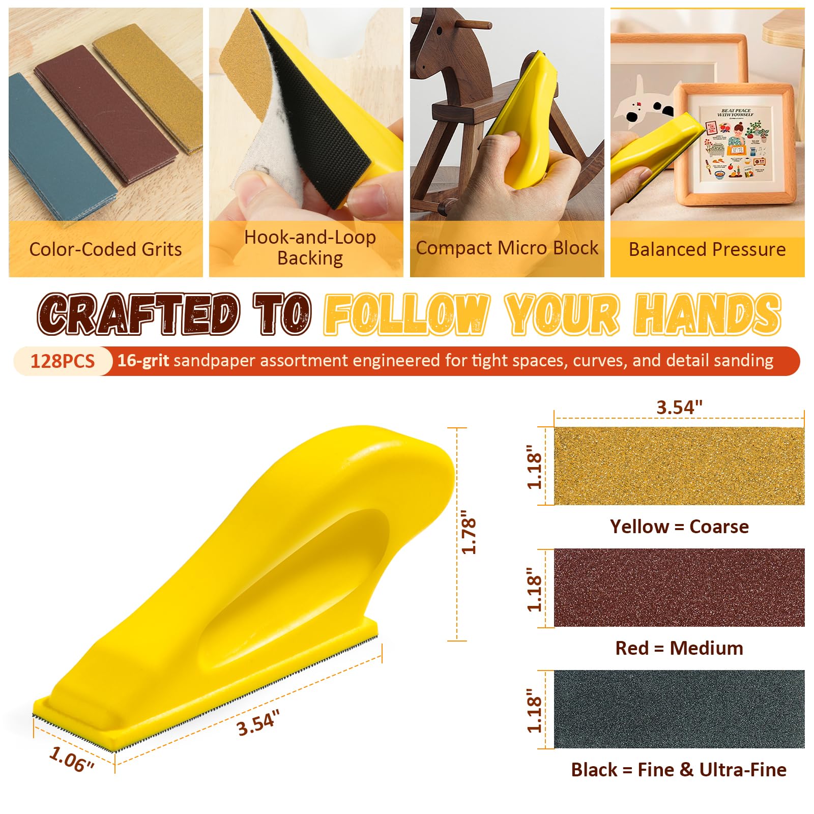 128PCS Premium Micro Sander & Sandpaper Kit, Detail & Mini Hand Sander with Small Sanding Block, 80–3000 Grit Sandpaper Assortment for Wood, Crafts, Furniture, Tight Spaces & DIY Projects - 2
