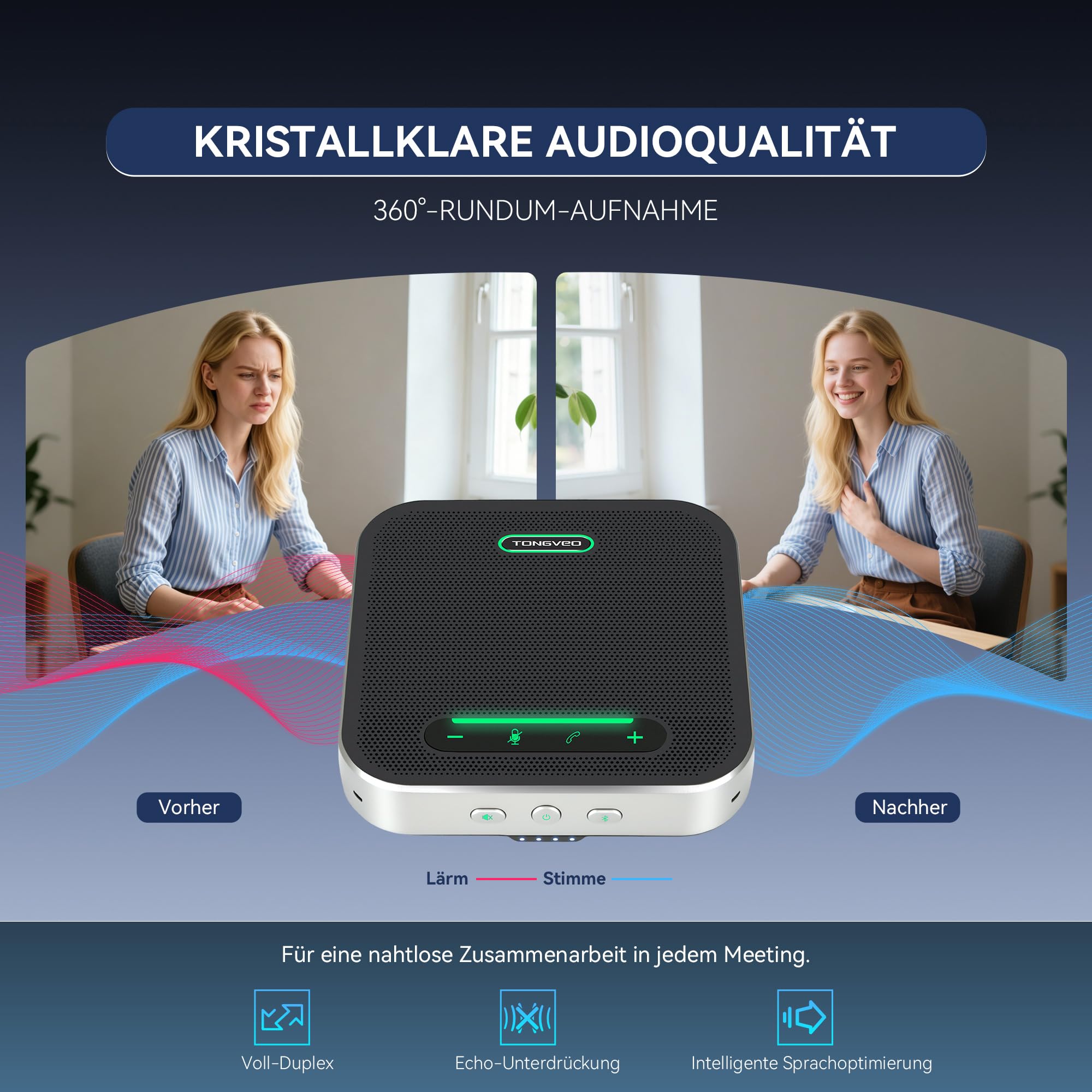 TONGVEO Altavoz de conferencia Bluetooth con micrófono, cancelación de ruido de IA, USB/Wireless Speakerphone para PC, 4 micrófonos, grabación de voz de 360°, 24H para zoom, equipos y oficina en casa