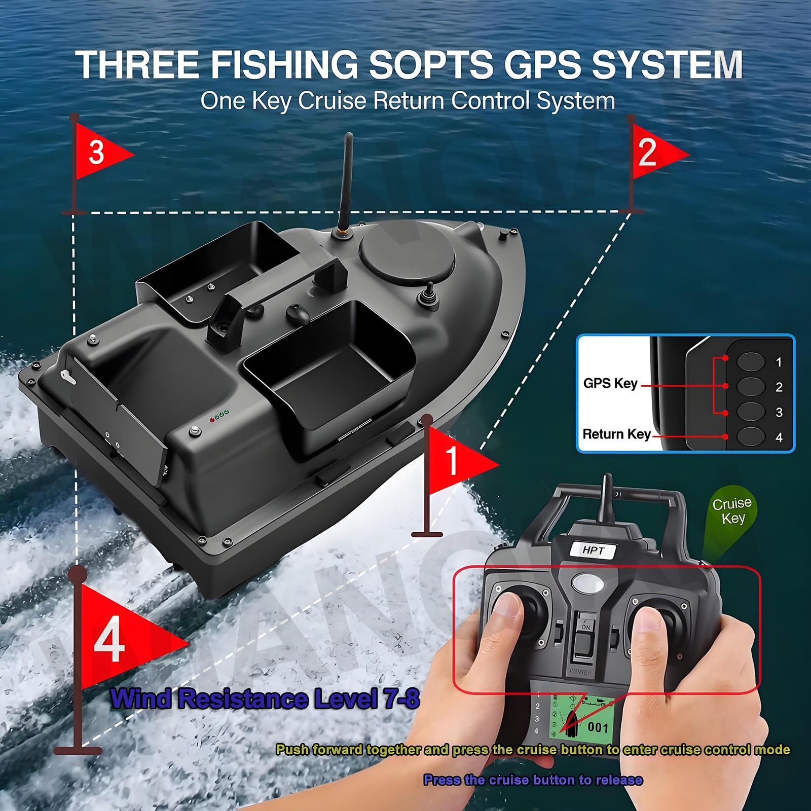 Barca Esca GPS Smart RC, Barca Esca da Crociera GPS, Barca Esca per Pesca alla Carpa, Ritorno Automatico, Motori a Doppia Potenza, 16 Punti di marcatura 12000 mAh