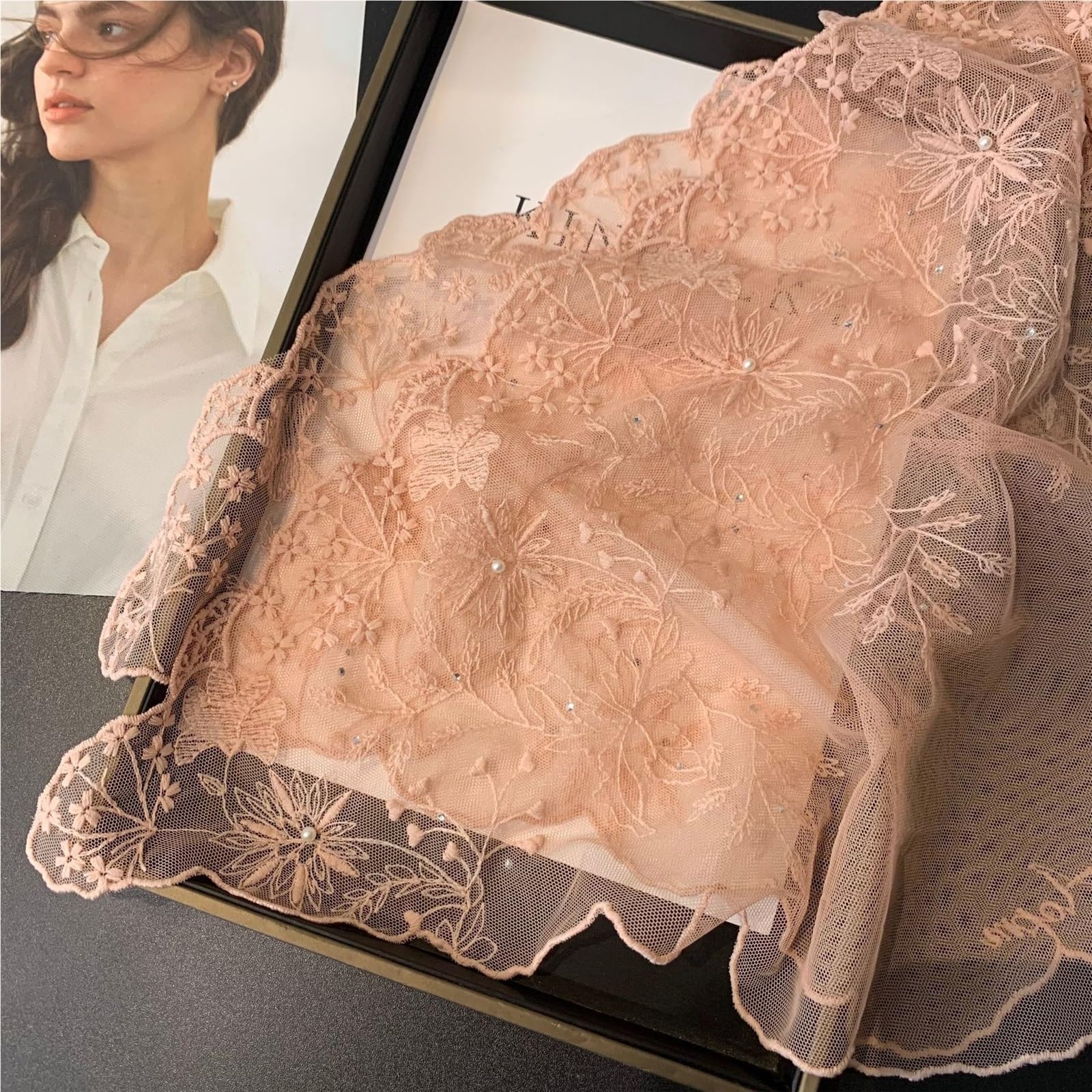 Bufanda de Seda for Mujer, pañuelo pequeño de Seda con Encaje, Diadema Bordada, pañuelo for la Cabeza, Cuello for Mujer, Primavera y Verano, Suave