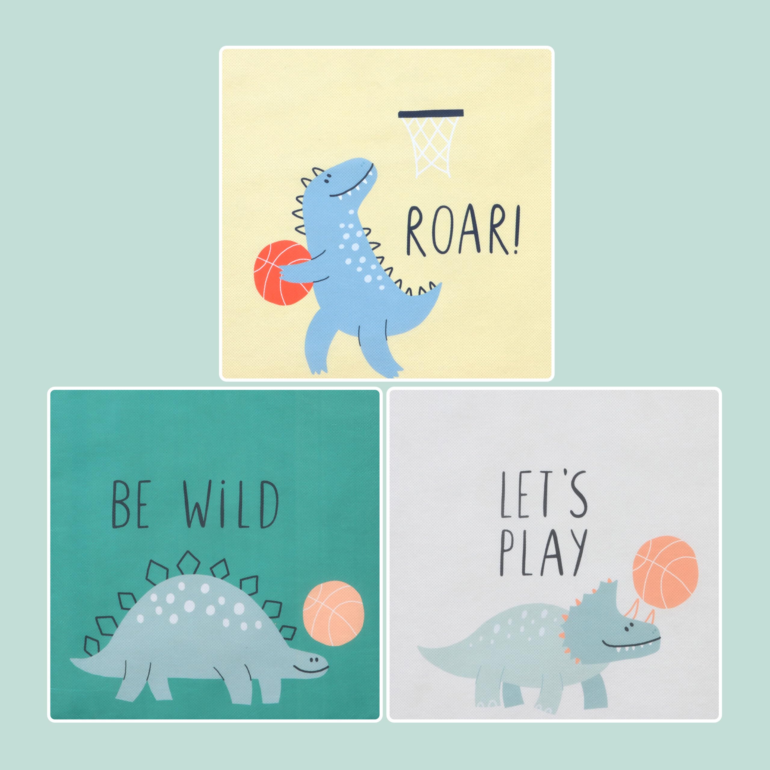 Relaxdays Set 3 Scatole per Bambini, Motivo Dinosauri, Pieghevoli per scaffali a cubo, HLP 30x30x30 cm, Tessuto colorato