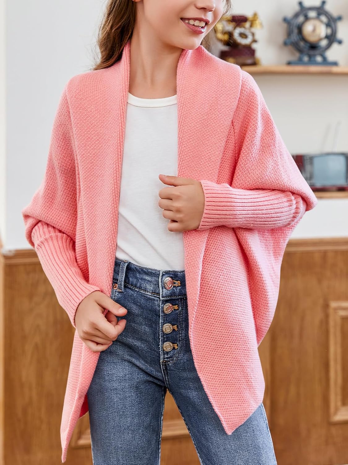 Laseily Girls Open Front Cardigan Sweaters Batwing Long Sleeve Shawl Collar Ribbed Knit Winter Coats - Image 5