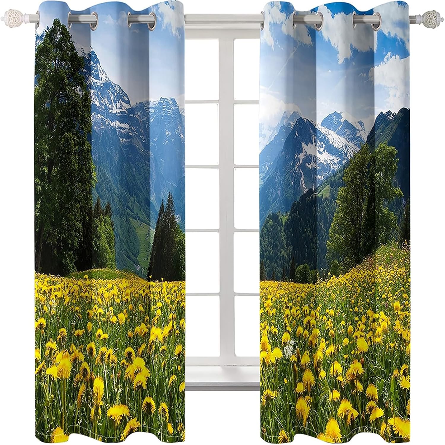 Blackout Eyelet Curtains 84 Inch Long, Blackout Curtain Drapes Mountain Forest and Flowers Landscape Curtains for Living Room Bedroom Windows Blue Green Yellow 54 x 84 Inch, 2 Panels