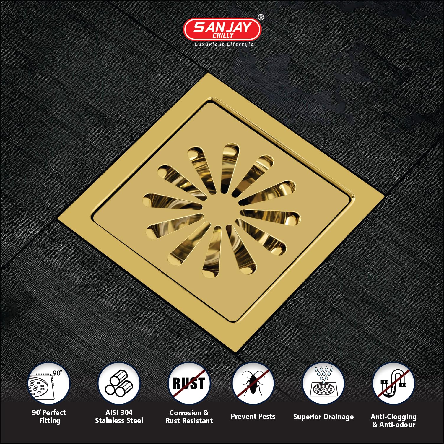 Sanjay Chilly Square Ezee SS Floor Drain Colour Collection | 304 Grade Bathroom Gratings | Waste Water Drainer Shower Channel Sink Bathtub Washbasin & Toilet (TOF French Gold 6x6 Inch) 3