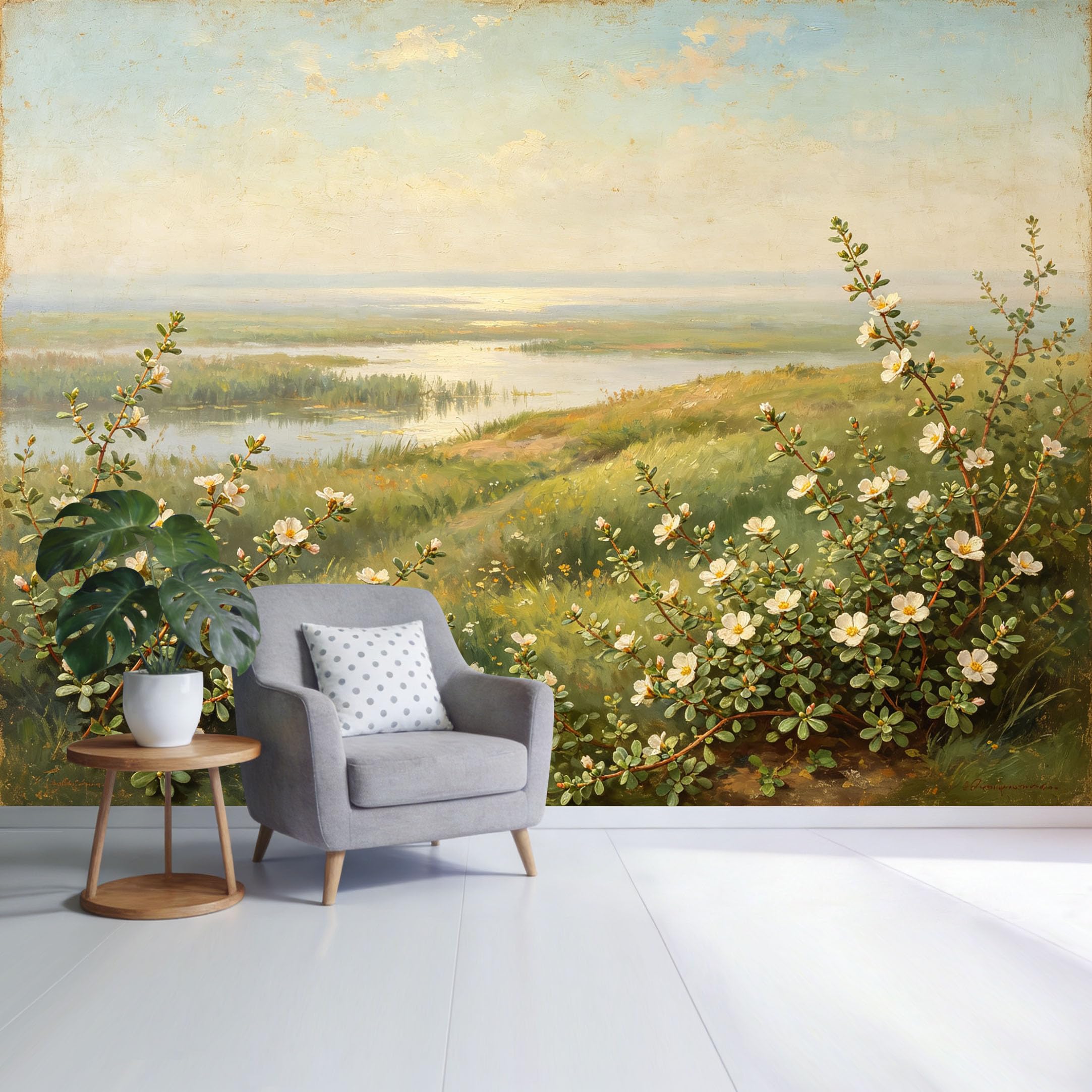 Custom Size Wall Mural Serene Lake Landscape with Blooming Wildflowers and Green Meadow Oil Painting Style SelfAdhesive Wall Fabric Removable Wallpaper for Home Office Decor