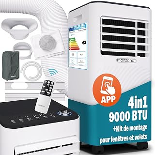 MONZANA® Climatiseur Mobile 9000 BTU (30 m²) – Clim Portable Puissante & Silencieuse 4-en-1 : Refroidissement Rapide, Déshumidificateur, Ventilateur – WiFi, Minuterie 24h, Télécommande, Kit Fenêtre - Amazon product rated Grade A