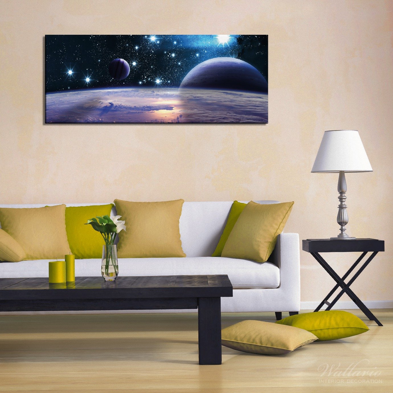 Wallario XXL Leinwandbild Planeten im Weltall - Wandbild 60 x 150 cm Brillante lichtechte Farben, hochauflösend, verzugsfrei, Kunstdruck