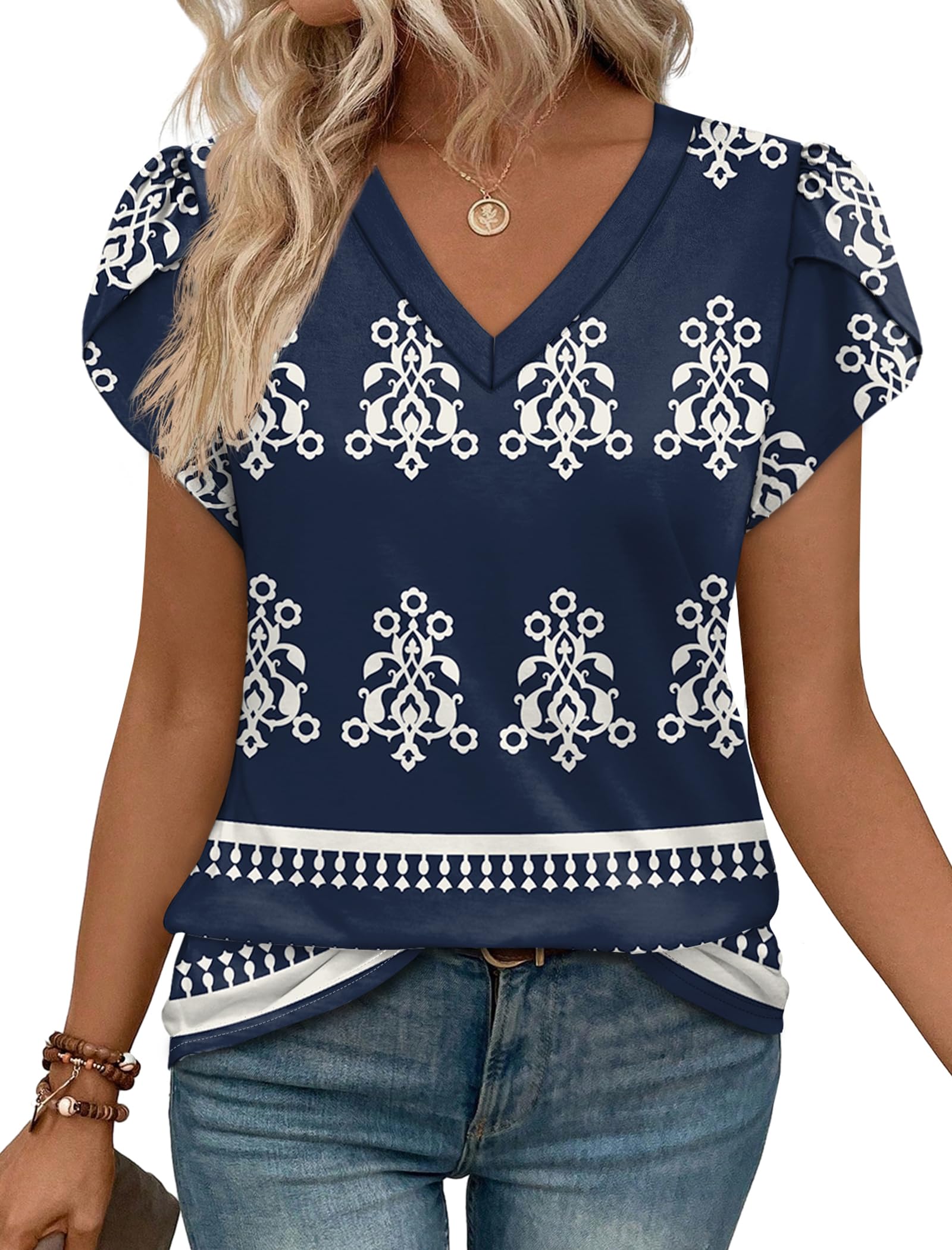Photo 1 of **PATTERN SIMILAR NOT EXACT*** WIHOLL Summer Boho Tops for Women 2026 Blouses Dressy Casual Summer Short Sleeve Shirts V Neck Women's Fashion Clothing Trendy Vacation Outfits Blue Floral SMALL