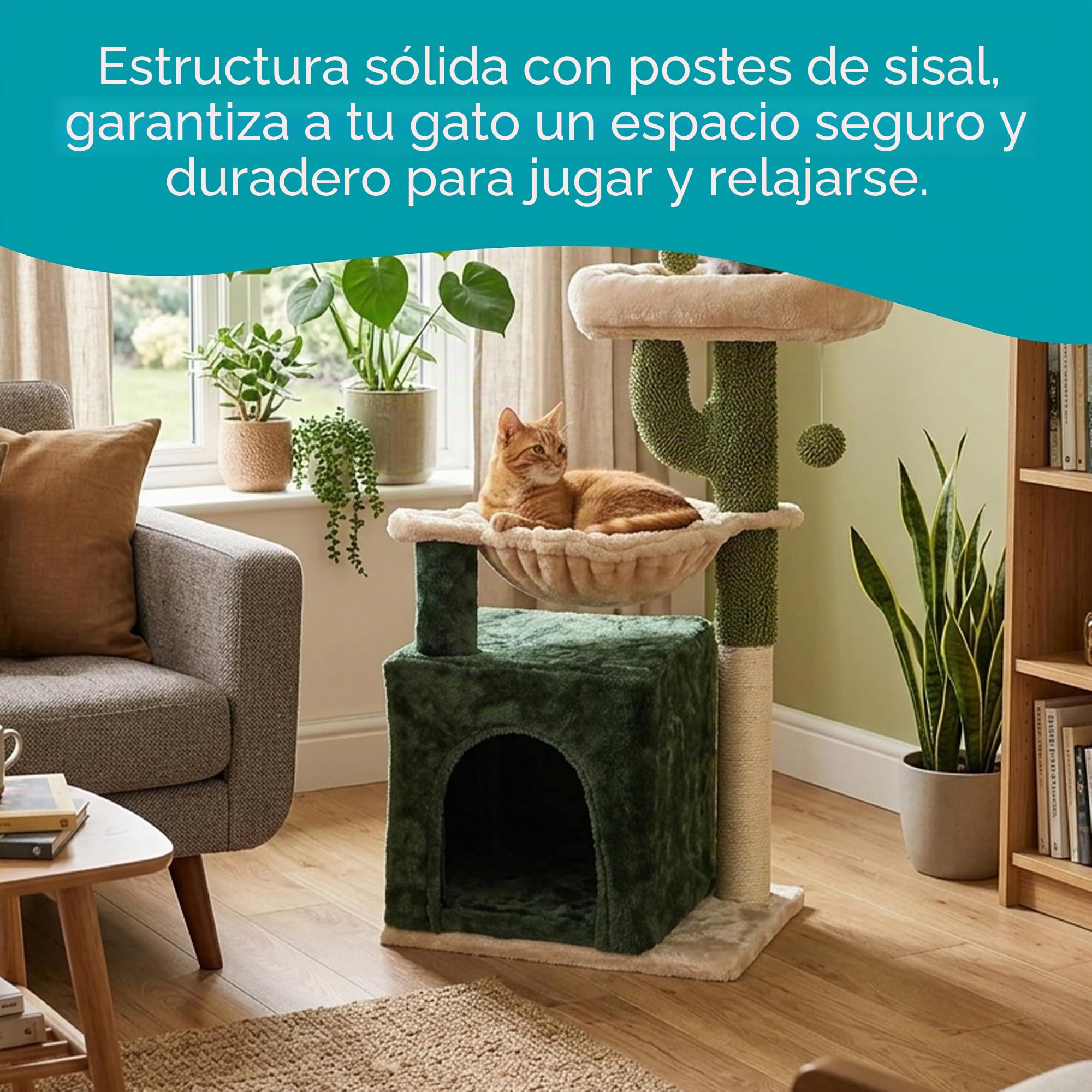 Aqpet Rascador con caseta y Hamaca de sisal y Tela, Altura 75 cm para el máximo Disfrute de su Gato, Color Beige/Verde
