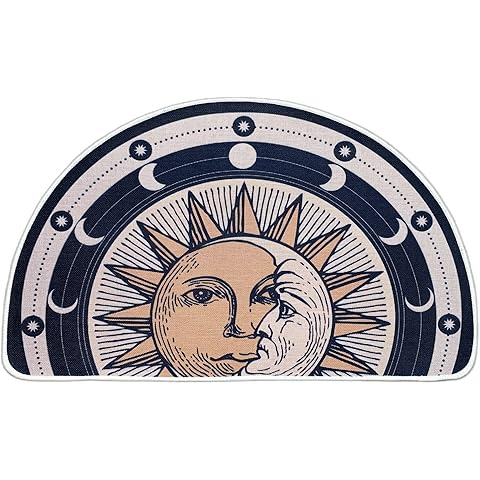 Semi Round Boho Sun and Moon Bathmat Fun Bath Mat Non Slip Washable Bathroom Decor Half Circle Bohemian Home Floor Doormat Semicircle Indoor Rug (White, No Fluff)