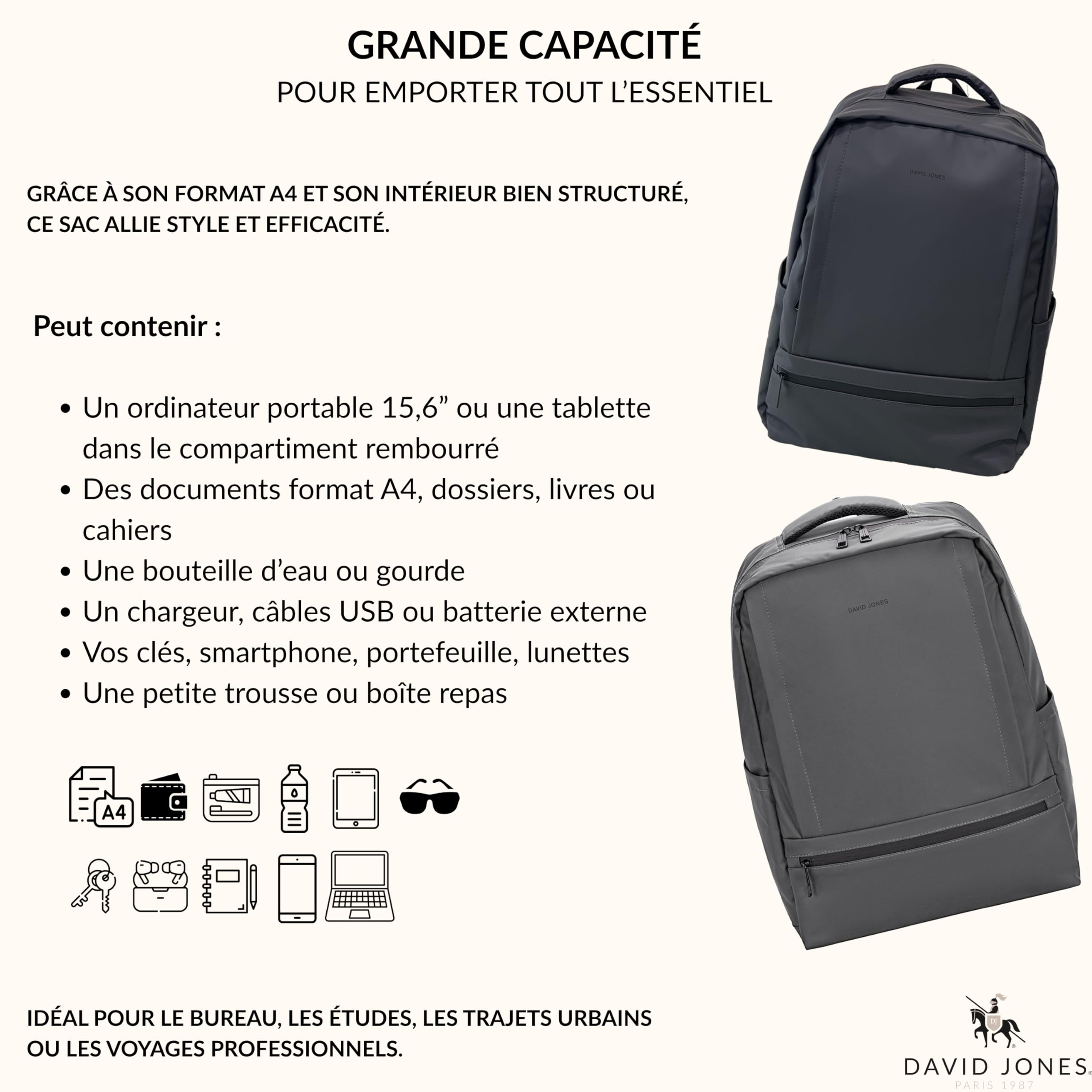 David Jones - Zaino da uomo impermeabile A4 – Borsa da lavoro per studenti da viaggio – Scomparto per computer portatile – Tasche multiple – Grande, Nero , Grand, Business