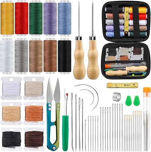 Tikjiua Kit de costura de reparación de tapicería de 152 piezas, 20 hilos de tapicería con 123 agujas de tapicería, agujas de coser de cuero, kit de
