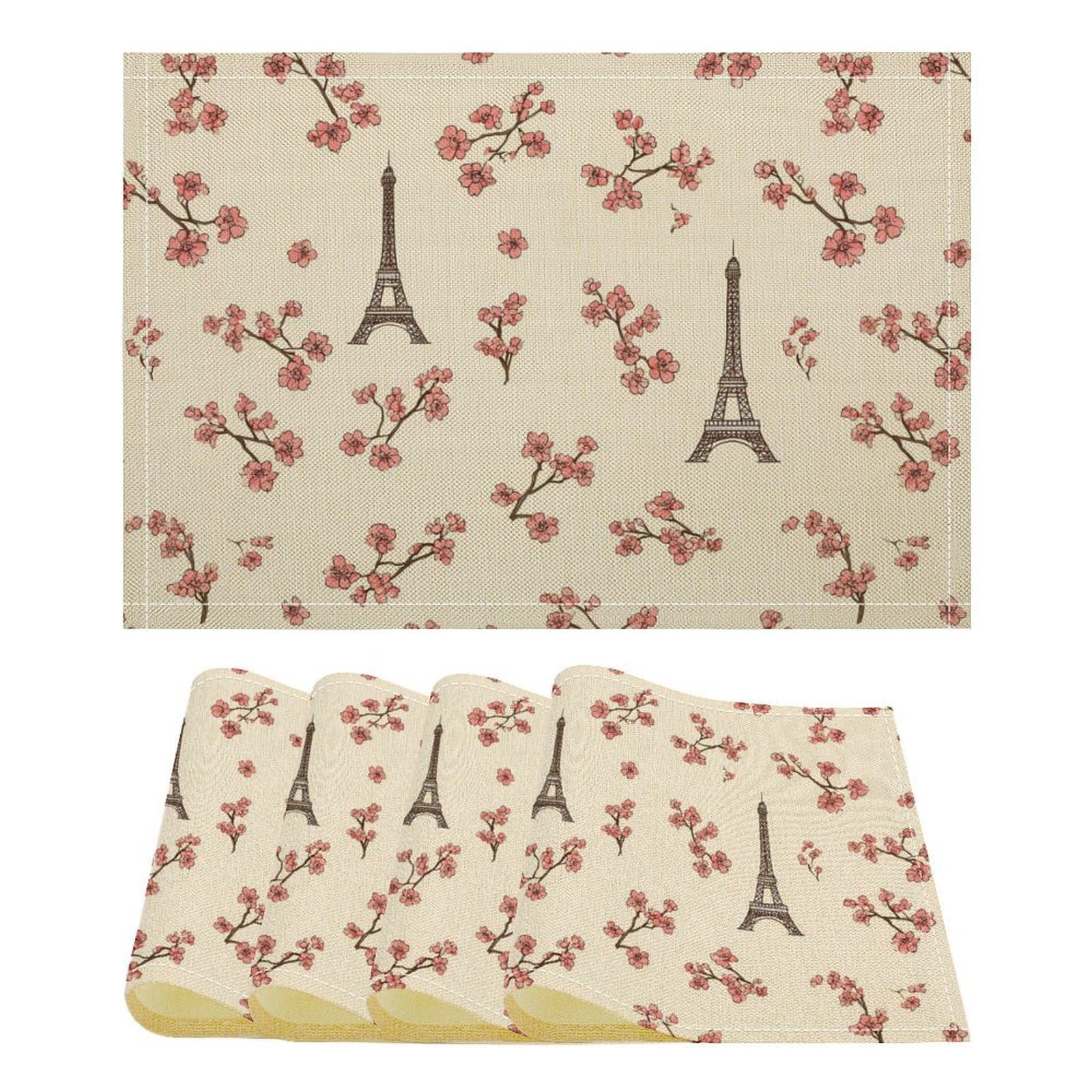 Eiffel Tower Floral Funny Linen Placemats Heat Resistant Table Mats for Dining Kitchen 18 X 12 Inch