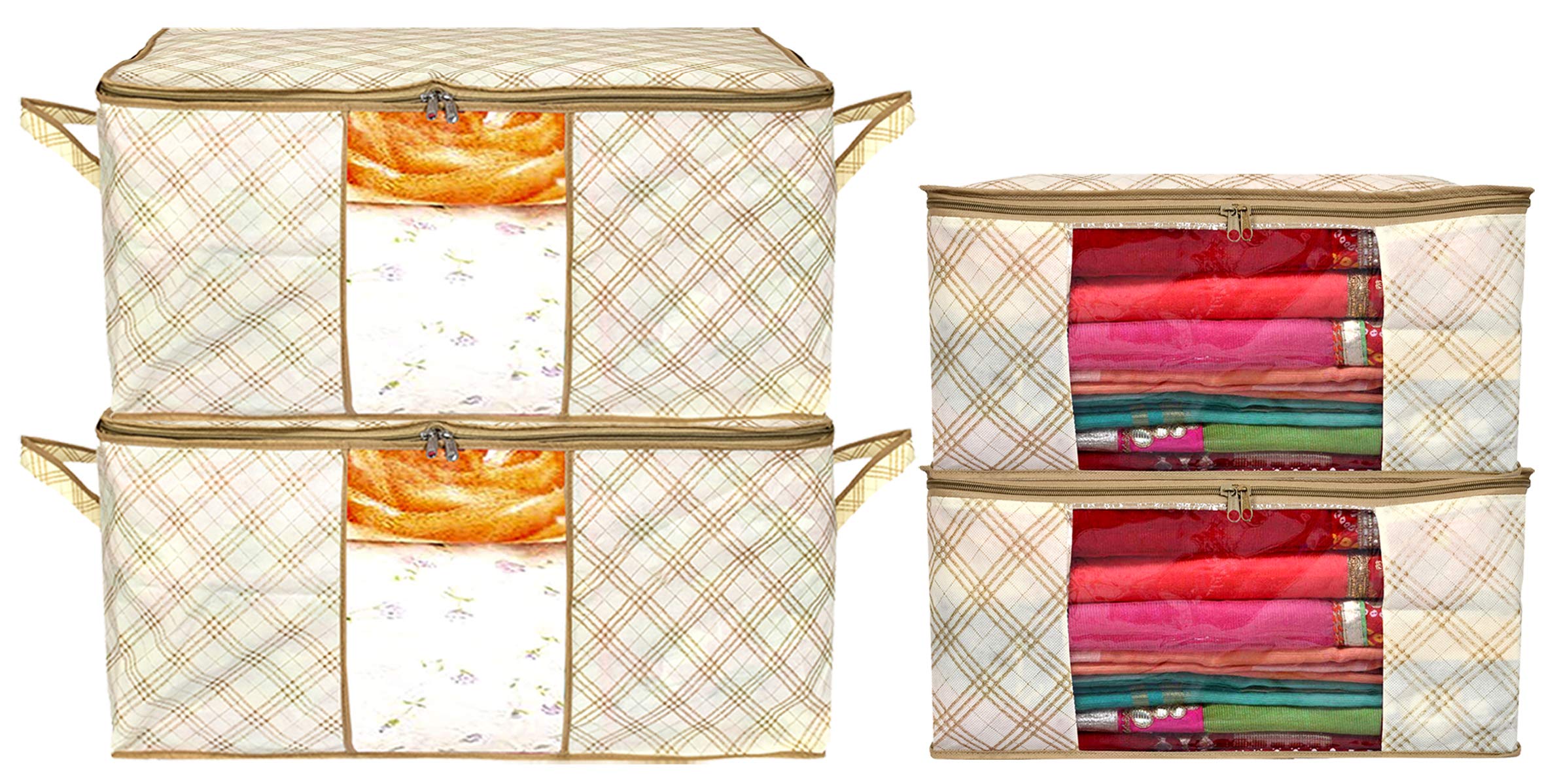 Kuber Industries Metalic Checkered Print 2 Piece Non Woven Saree Cover And 2 Pieces Underbed Storage Bag, Storage Organiser, Blanket Cover (Set of 4,Ivory)-KUBMART16669