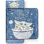 Jay Franco Kids Nap Mat with Embedded Pillow & Blanket - Soft 46x20 Microfiber Sleeping Bag with Name Tag & Handle for School, Travel, Sleepover, Blue - Mandalorian
