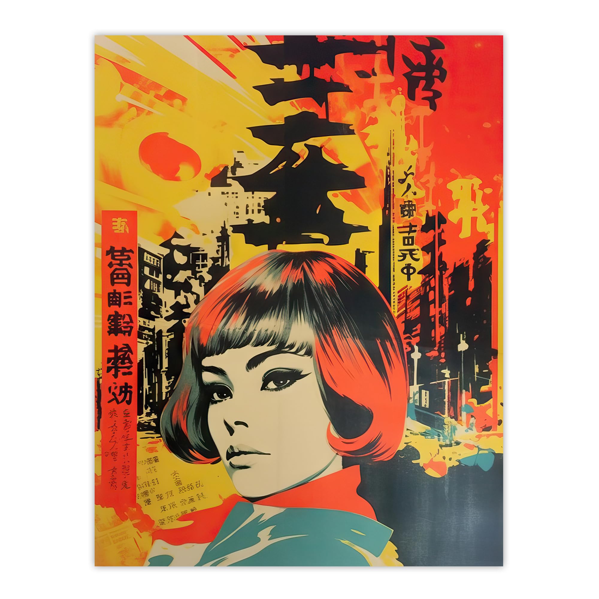 Artery8 Tokyo Abstract 1960's Collage Orange And Yellow Woman Portrait Vibrant Bold Bright Colourful Painting Extra Large XL Wall Art Poster Print