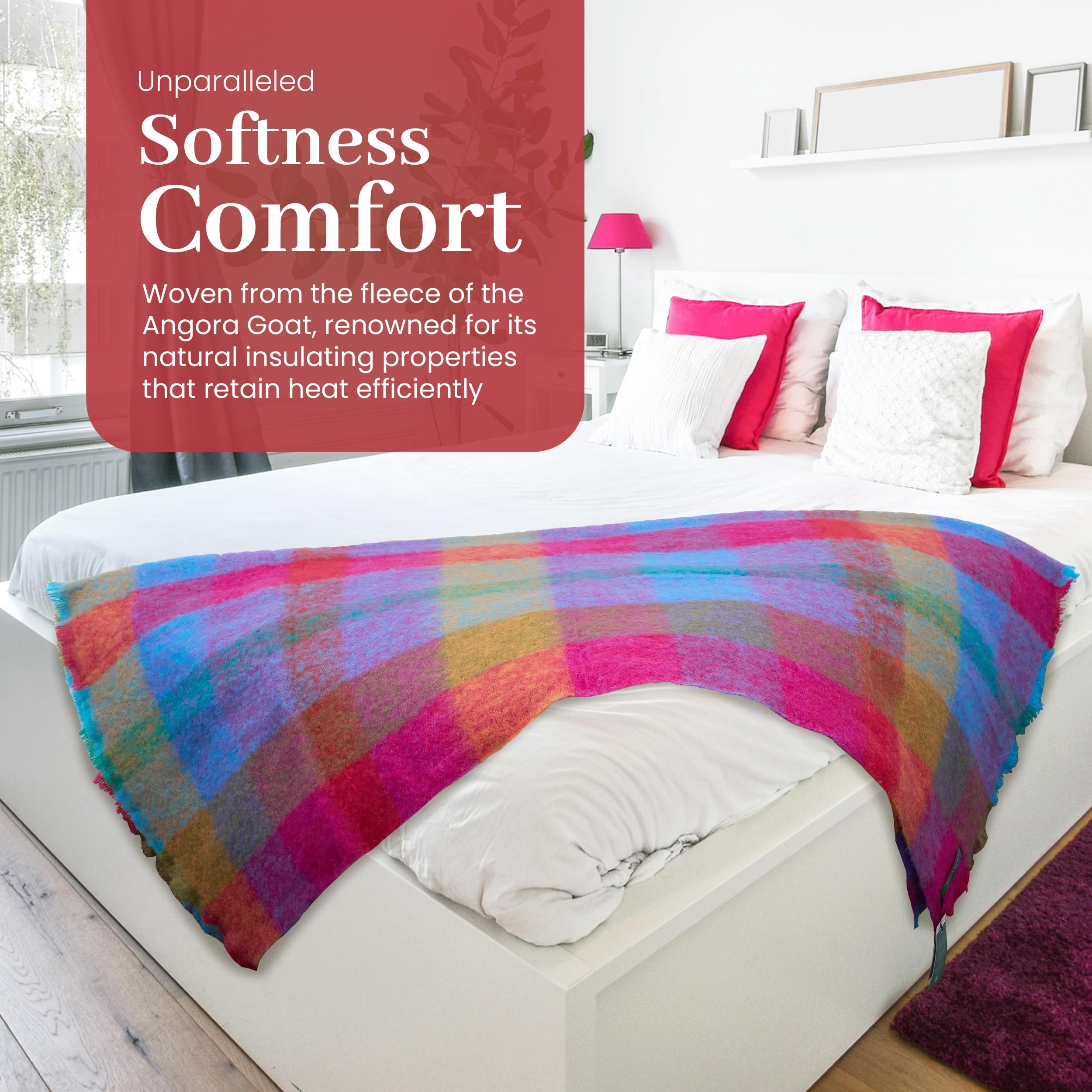 Manta de lana y mohair irlandés genuina de Angora Mohair importada de Irlanda, 72 x 54 pulgadas, estilo celta tradicional, tacto súper suave y cálida, cuadros multicolor