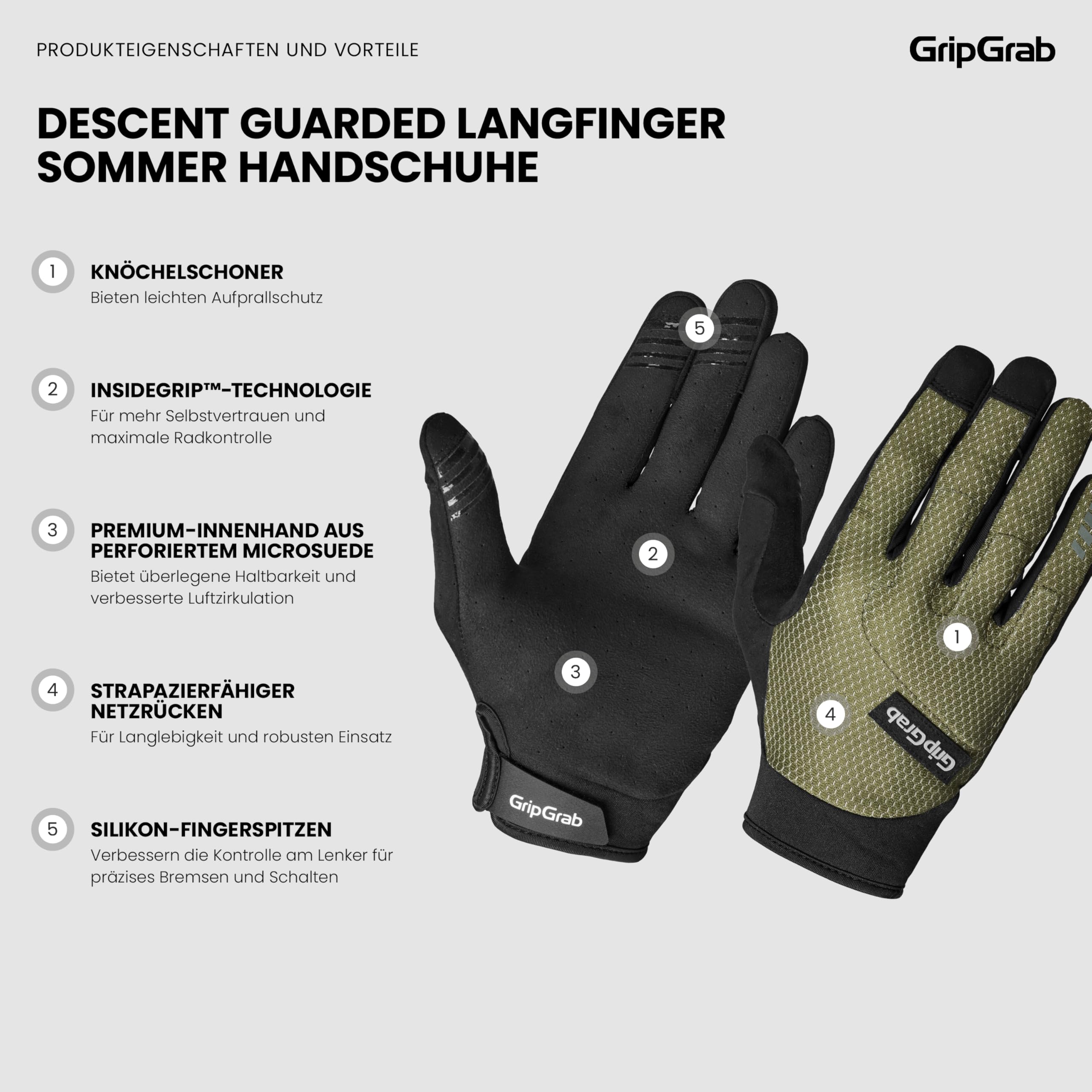 GripGrab Descent InsideGrip MTB Handschuhe Knöchelschutz Sommer Langfinger | Anti-Rutsch-Silikonprints, Schweißwischer, Protektoren am Handrücken, Klettverschluss - Mountainbike Downhill, Enduro, BMX