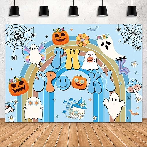 Miniatura 10 de MEHOFOND Telón de fondo de dos espeluznantes de 7 x 5 pies, color morado, para Halloween, segundo cumpleaños, retro, Groovy, arco iris, telón de