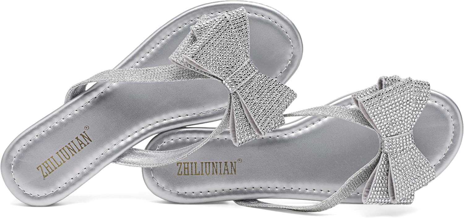 Womens Flat Bow Sparkly Flip Flop Sandals,Ladies Rhinestones Comfortable Thong Slide Dressy Casual Cute Trendy Vacation Beach Slip on Glitter Slippers Shoe