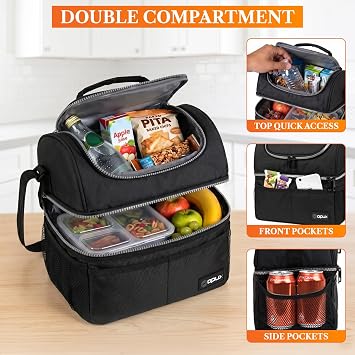 opux Insulated Lunch Bag for Men Women, Double Decker Leakproof, Black | Lunch Box Cooler Tote With Shoulder Strap, Large Lunchbox For Work School Travel Meal Prep, Adults Kids Boys Girls, 16 Cans