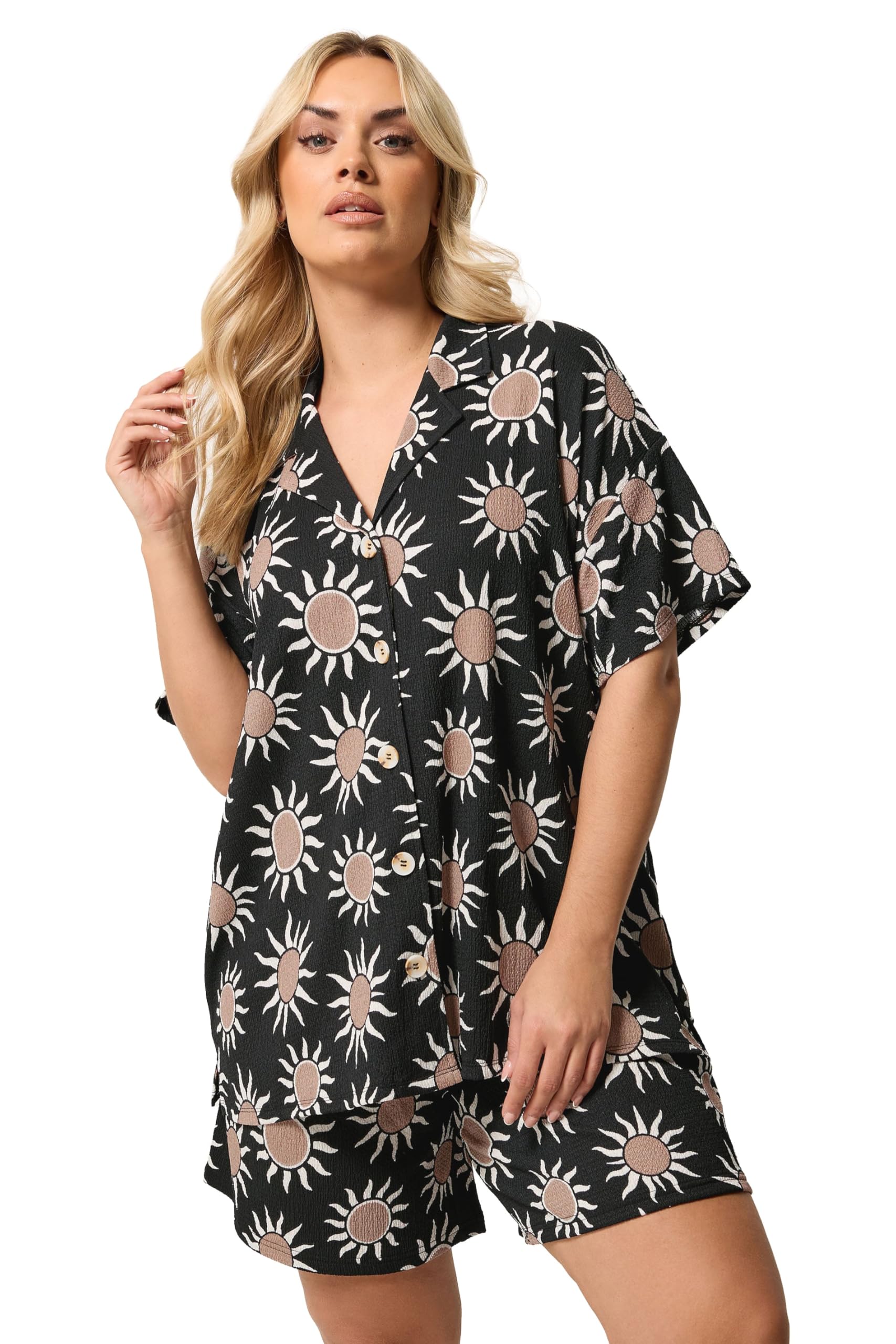 Yours Women's Black Sun Print Crinkle Shirt In | Size: 14