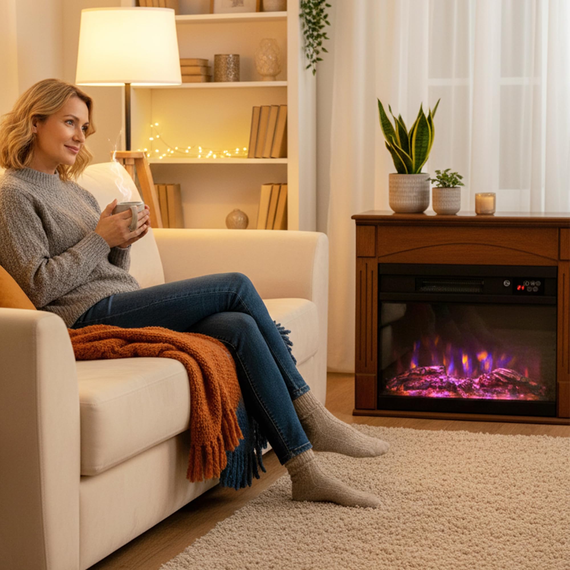 HOMCOM Kominek elektryczny 1000 W/2000 W, efekt płomienia 3D, 6 kolorów i 3 ustawienia, dekoracyjny sztuczny kominek z regulowanym termostatem, pilotem, timer, do 30 m², brązowy